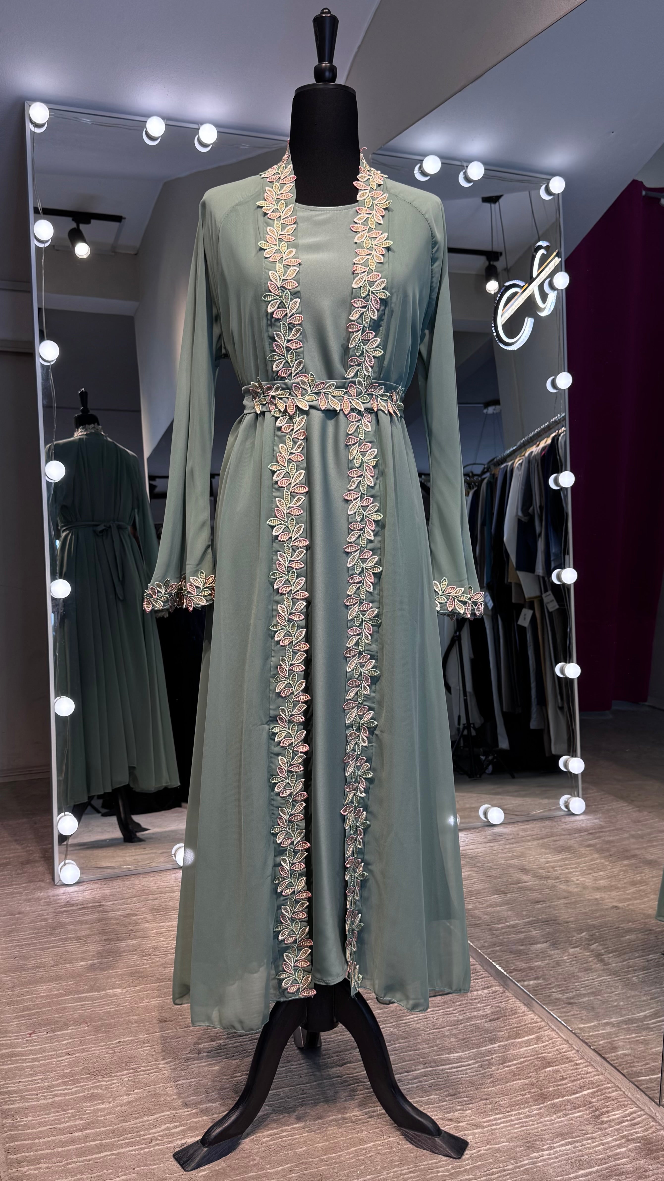 3 Piece Embroidered Abaya Set- Mint Green DYBOS FASHION 3 Piece Embroidered Abaya Set- Mint Green DYBOS FASHION
