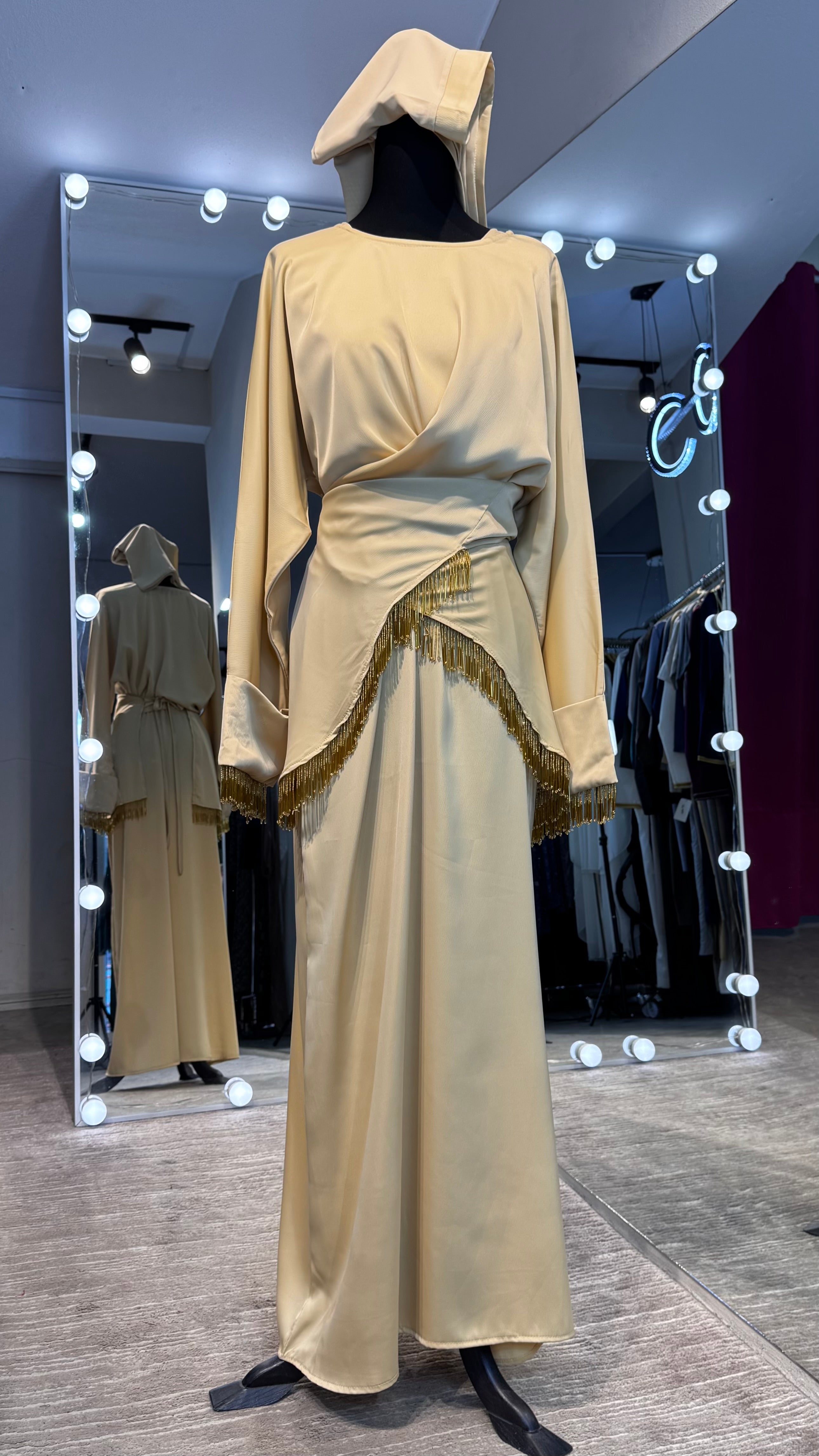 Wrap Abaya Set with Hijab – 3 Piece  Occasion / Casual | Silky Zoom Fabric - Beige