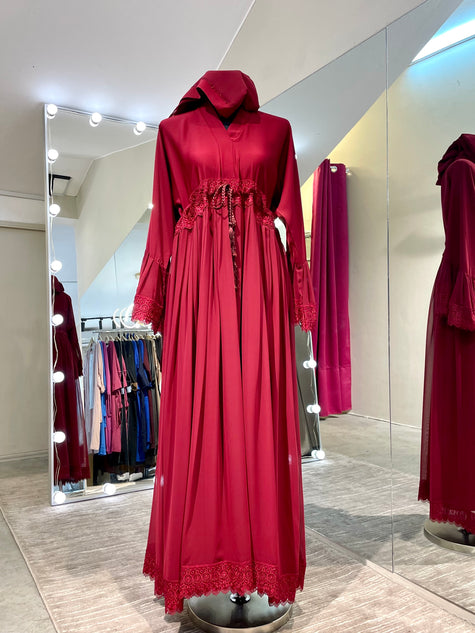 Ruby Red Premium Nida and Chiffon combination Abaya Dress with lace lining and stones