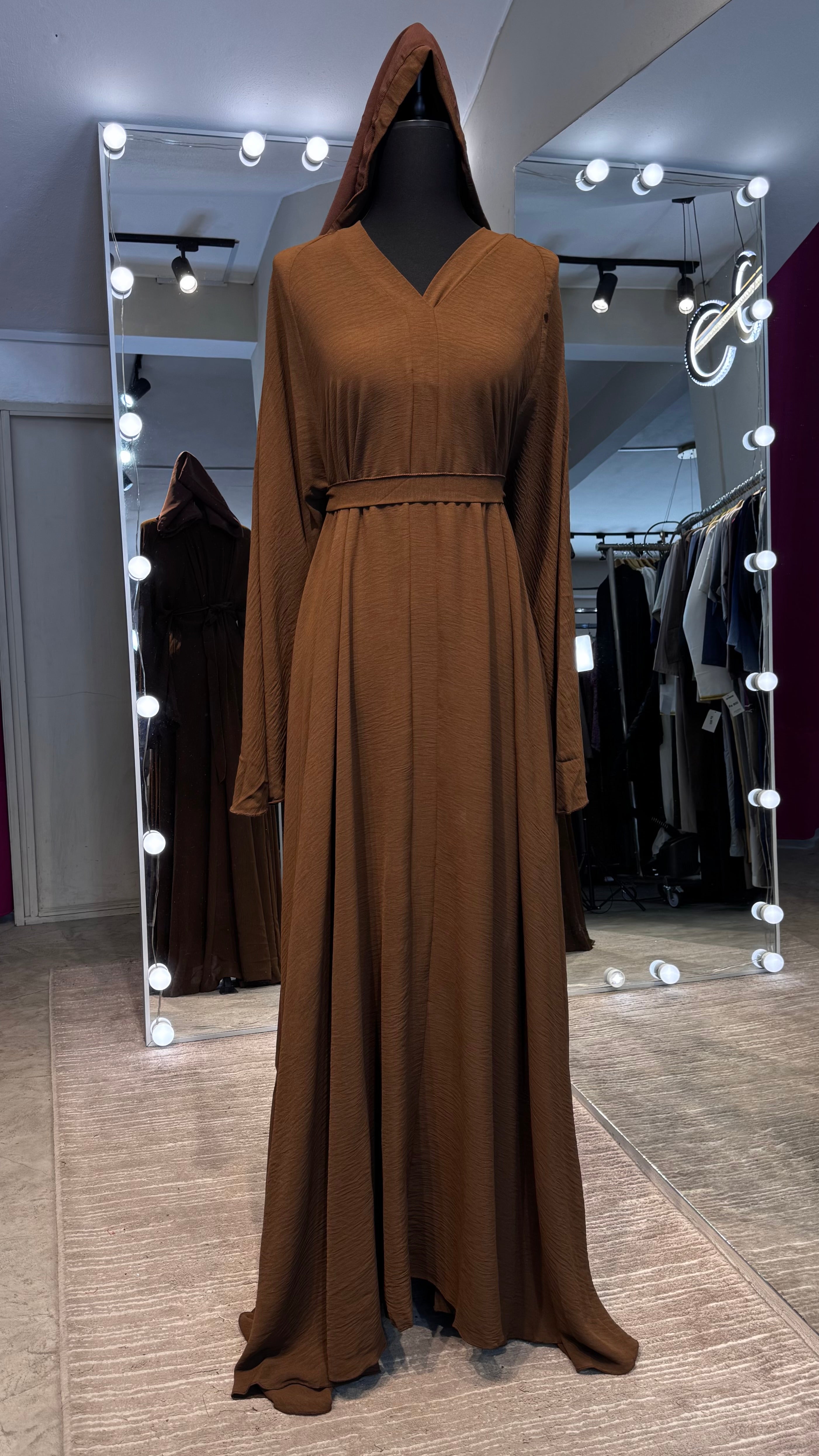 Umbrella Cut Abaya 3 pcs Set- Brown