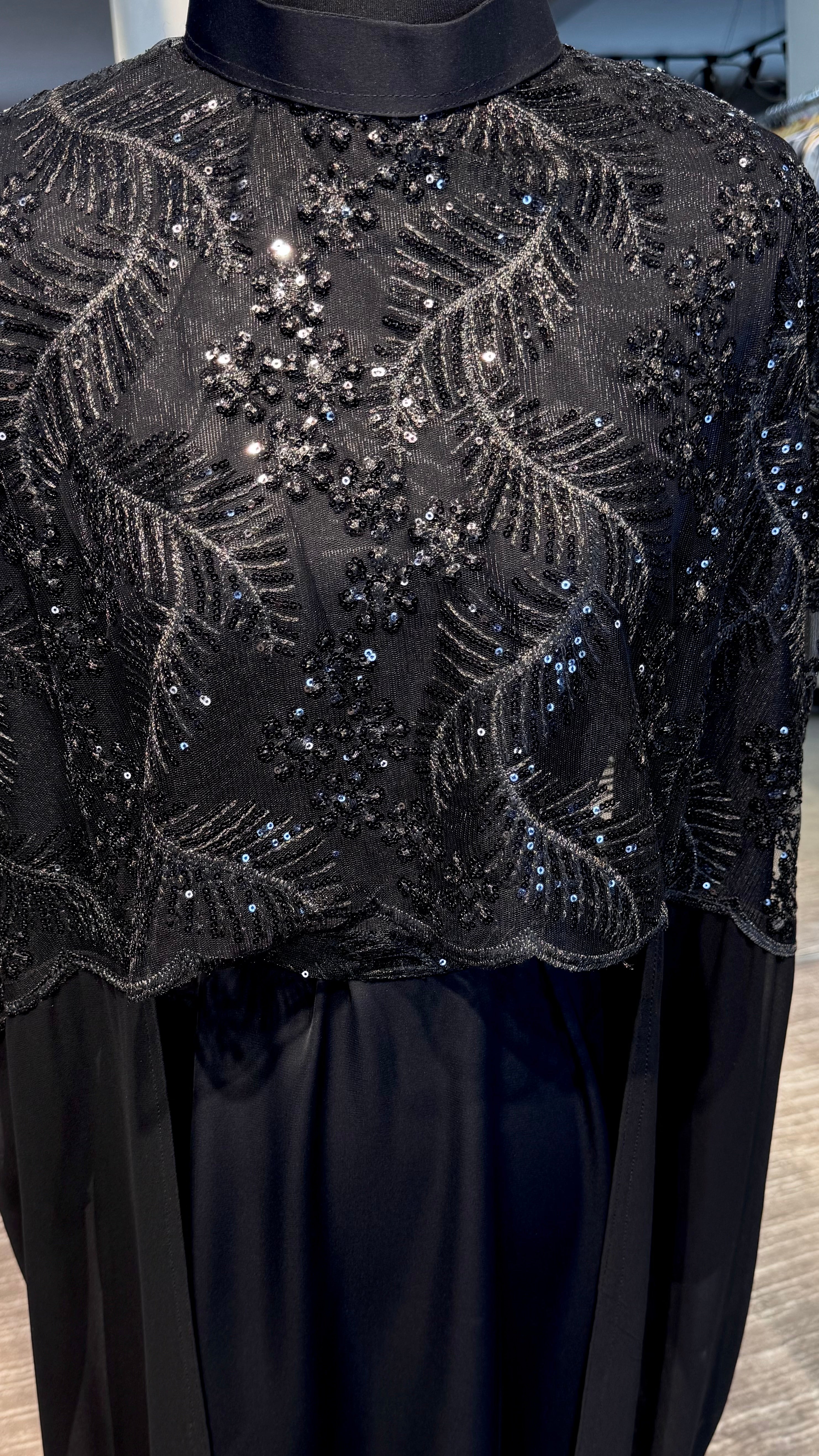 Cape Abaya Set with Hijab –Sequin, Nida & Chiffon - Black