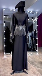 Original Design Farasha Abaya Set with Hijab – 2 Piece Beaded Modest Outfit -Black