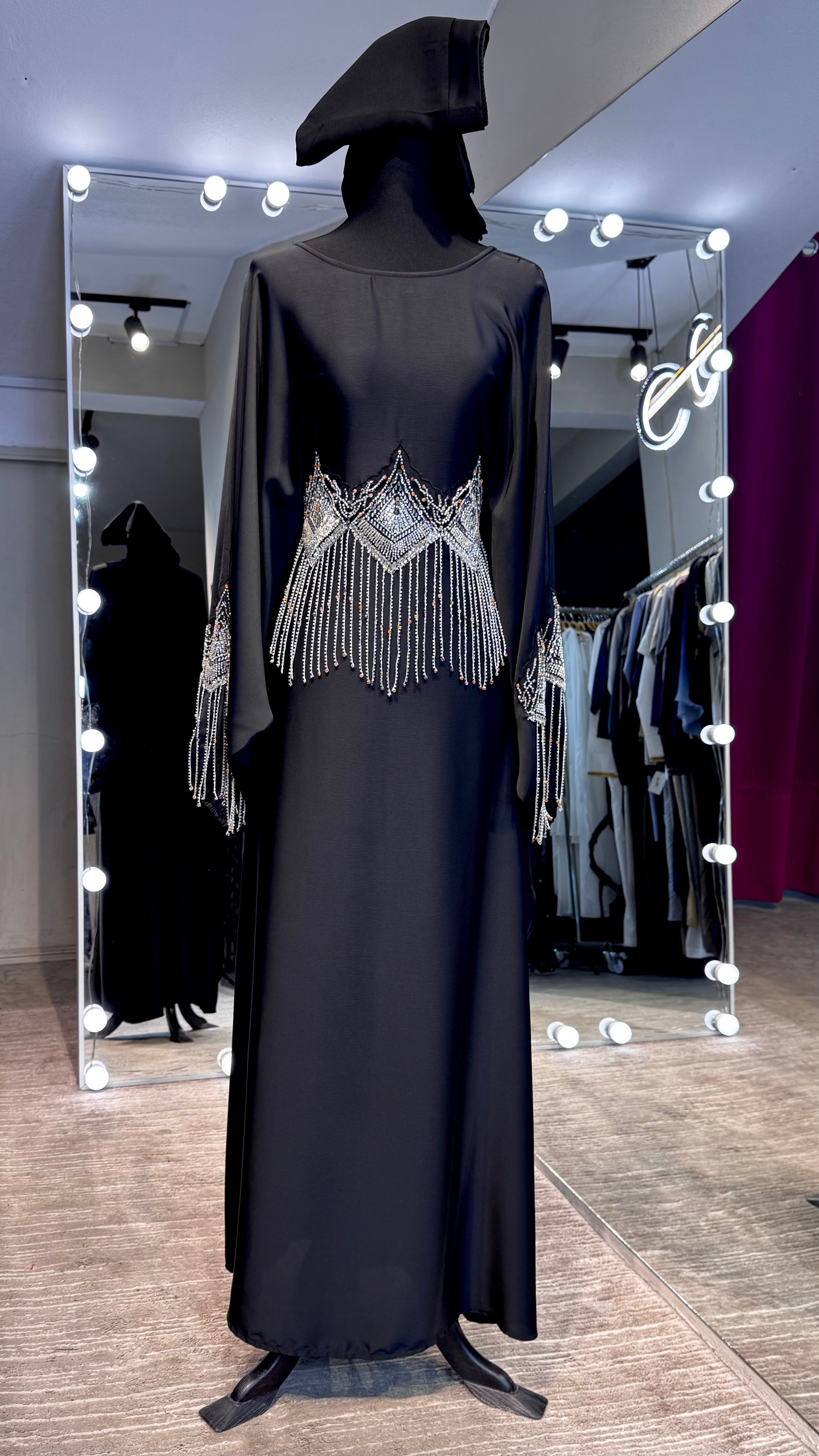 Farasha Abaya Set with Hijab – 2 Piece Beaded Modest Outfit -Black