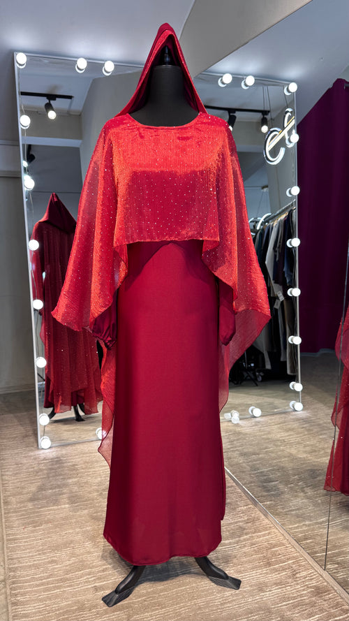 Cape Style Abaya Set with Hijab – Nida & Organza - Maroon