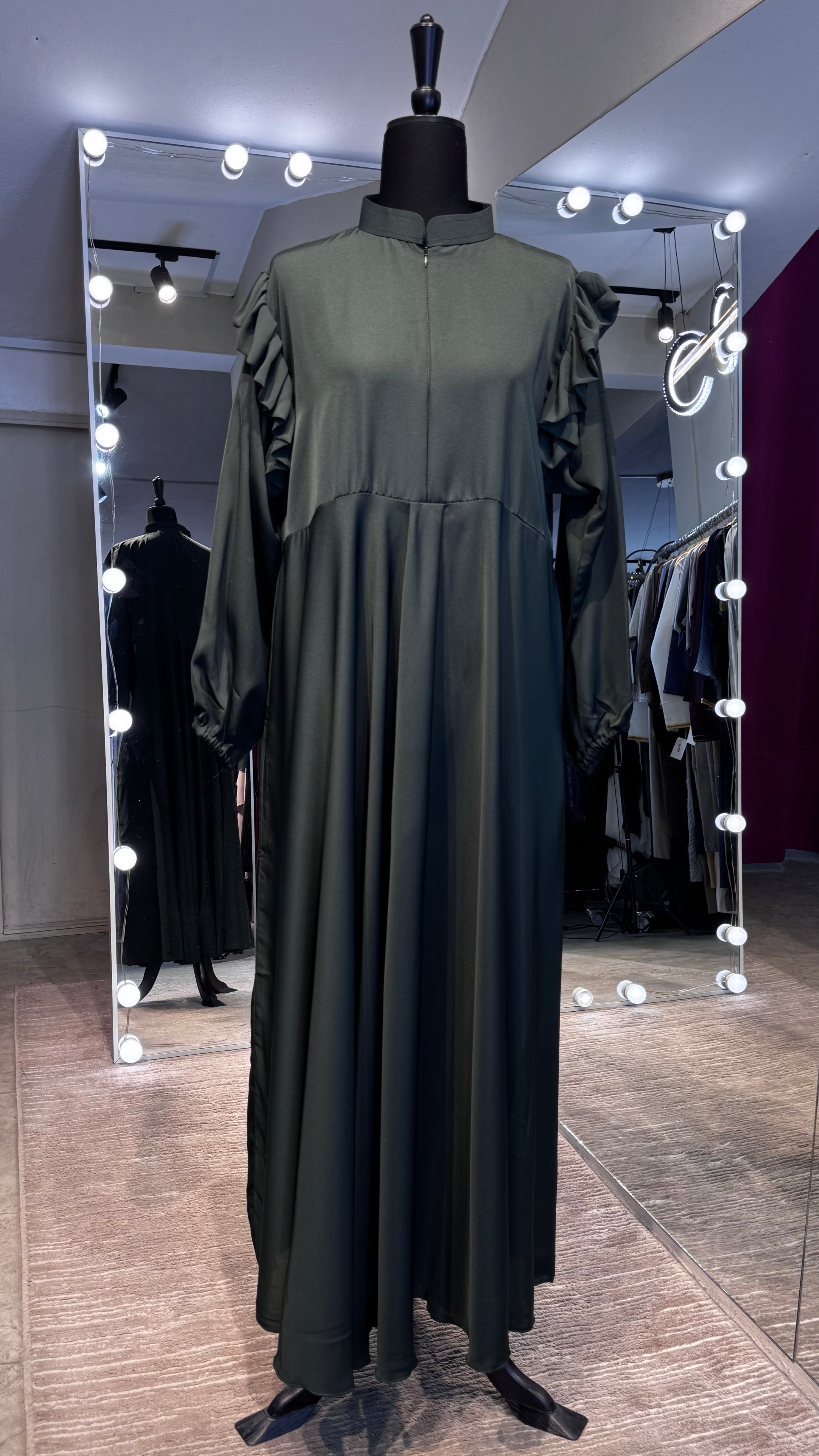 Turtle neck Umbrella Abaya- Dark Green