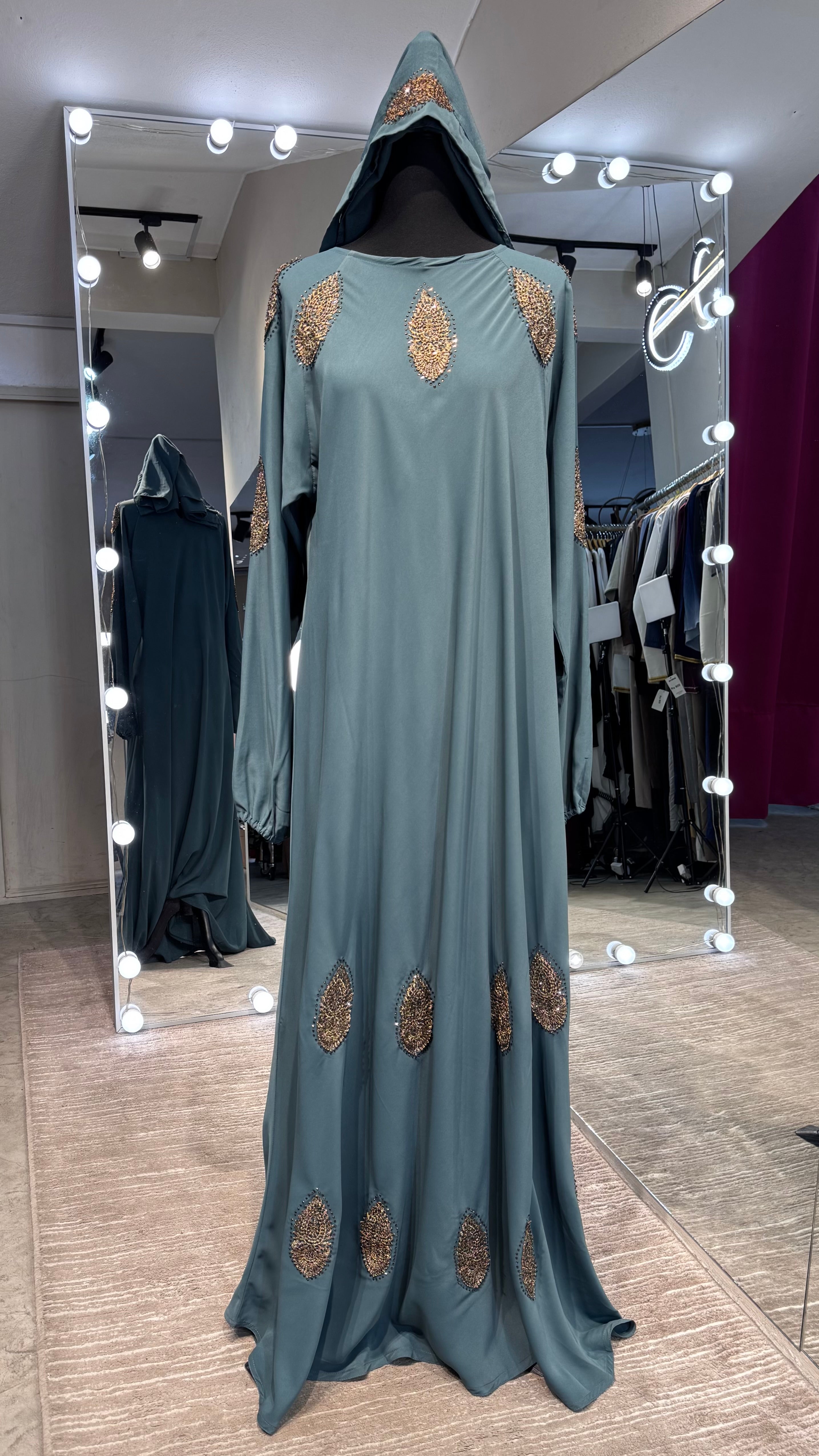 Umbrella Cut Abaya Flower patch-Teal