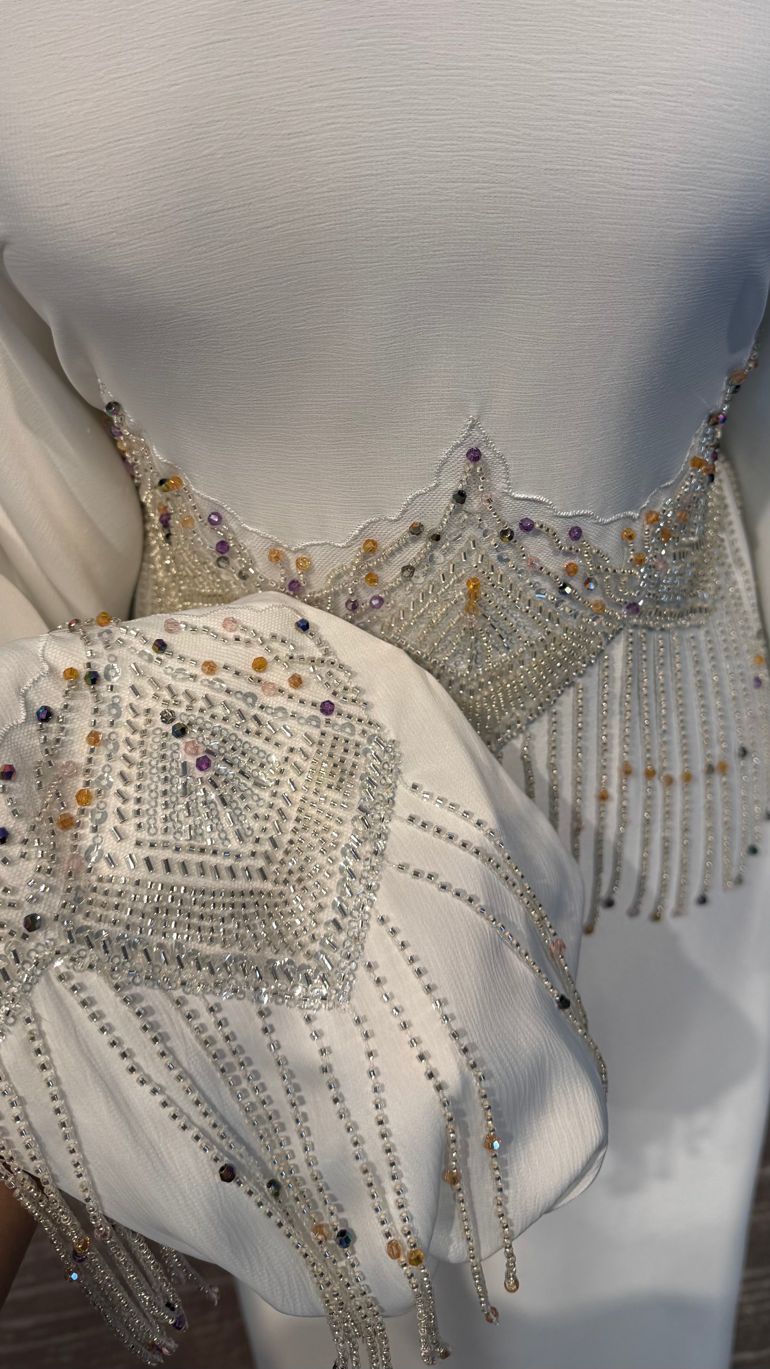 Farasha Abaya Set with Hijab – 2 Piece Beaded Modest Outfit -White