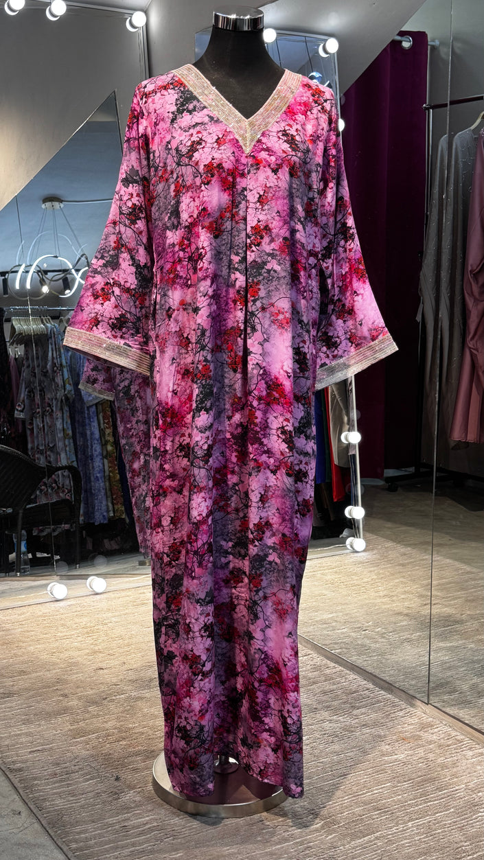 Authentic Dubai style, Viscose Staple Jalabiya Now in Mauritius. Magenta abstract print.