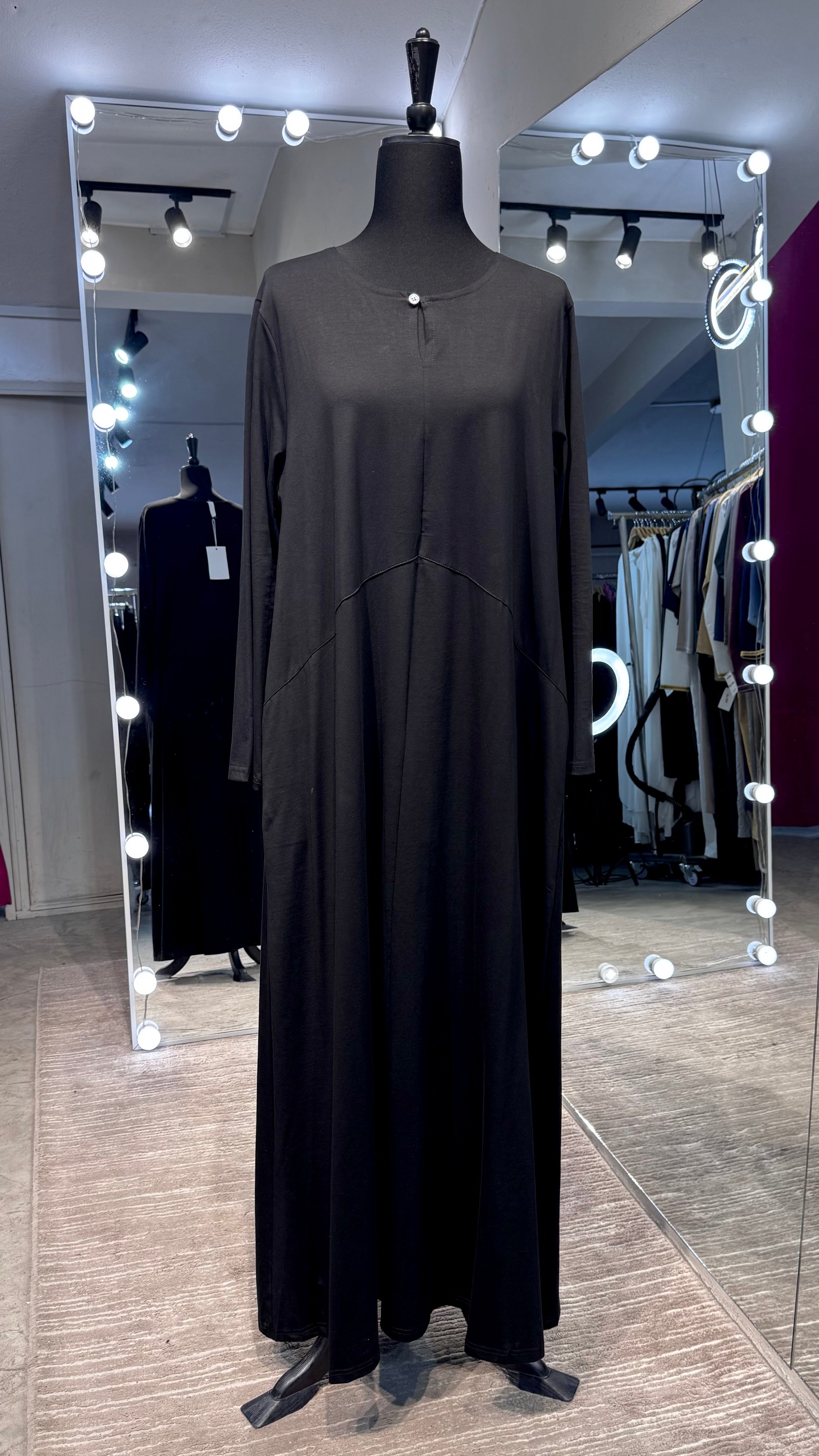 Cotton Dress with Line & Button Design- Black