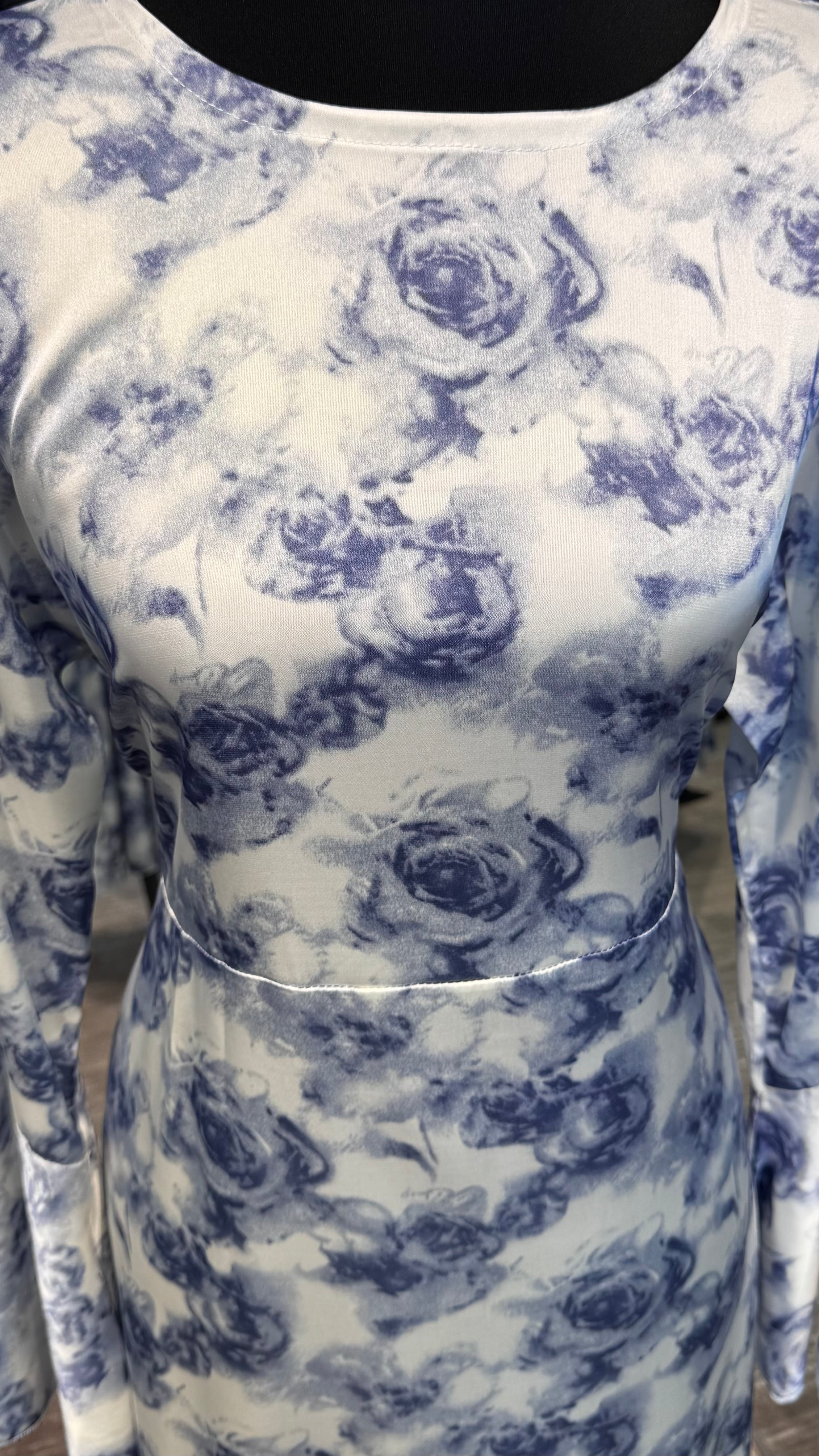 Satin Printed Casual Abaya Dress with Chiffon Hijab – 2 Piece - White & Gray Blue