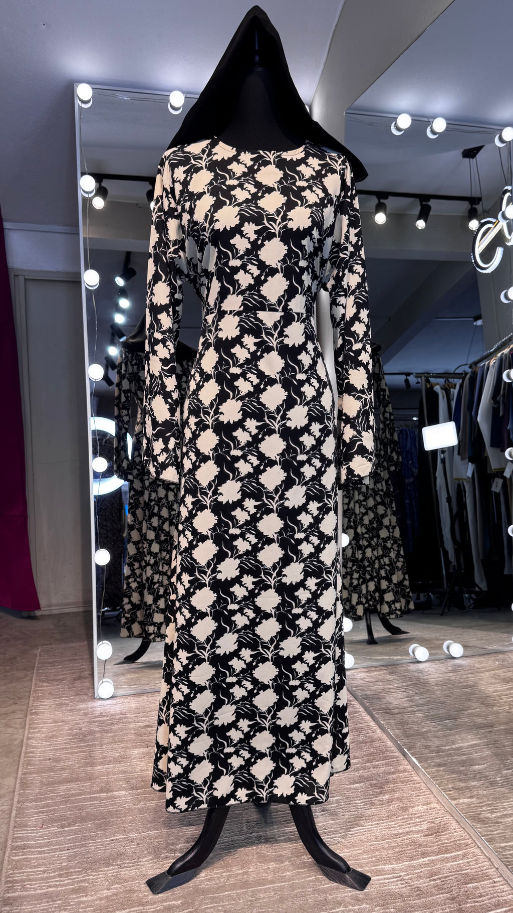 Chiffon Printed Abaya Dress with Chiffon Hijab – 2 Piece - Black & Beige