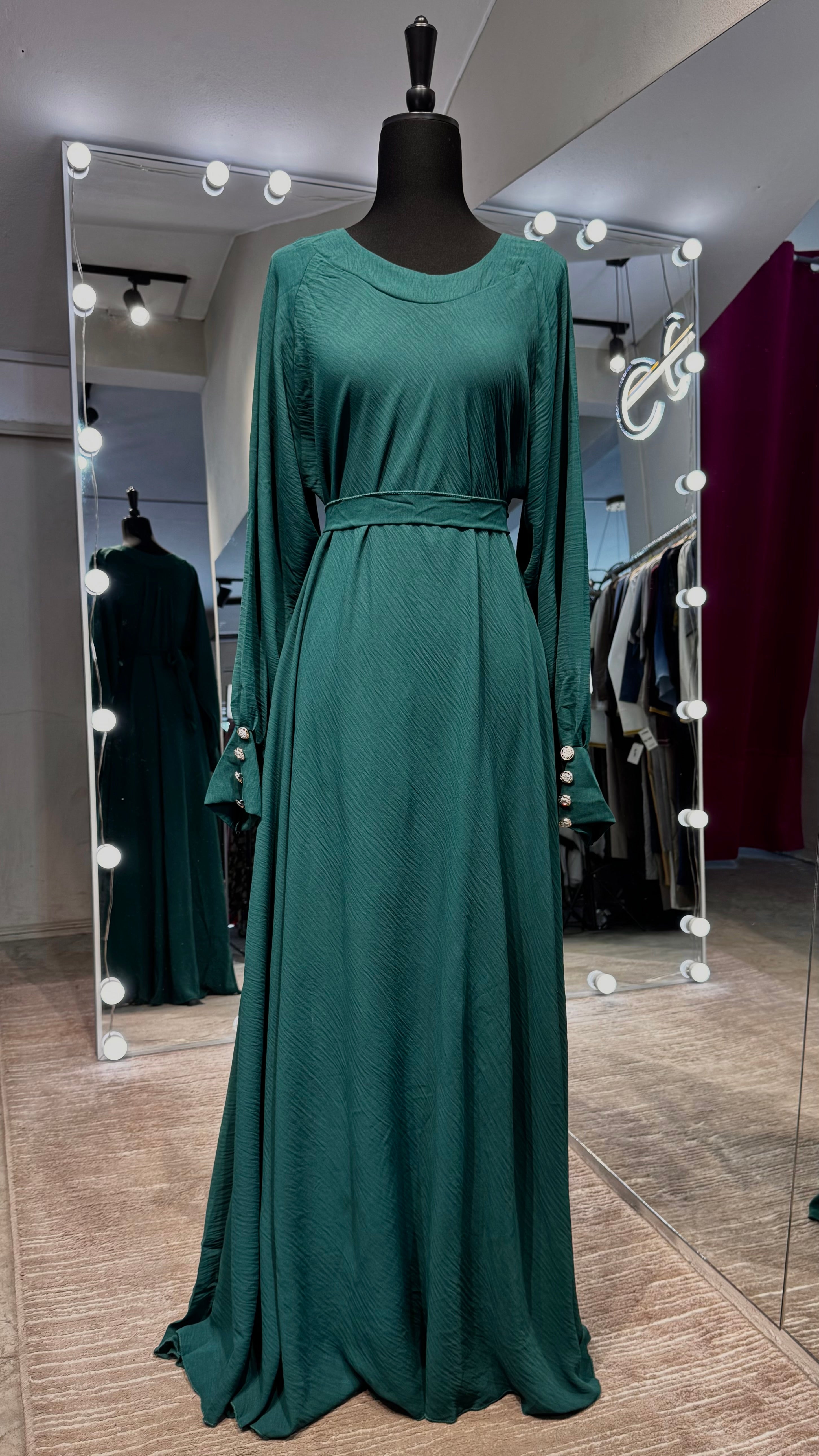 Umbrella Cut Abaya Button Sleeve- Green