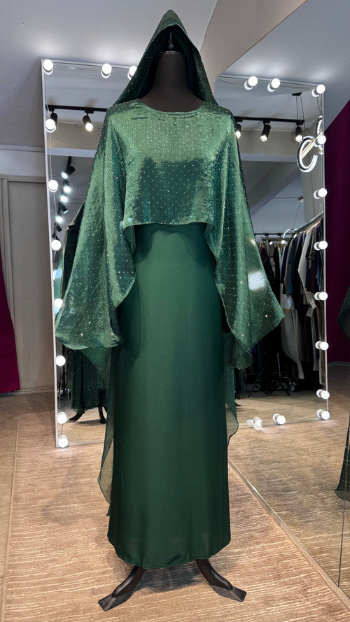 Cape Style Abaya Set with Hijab – Nida & Organza -Emerald Green