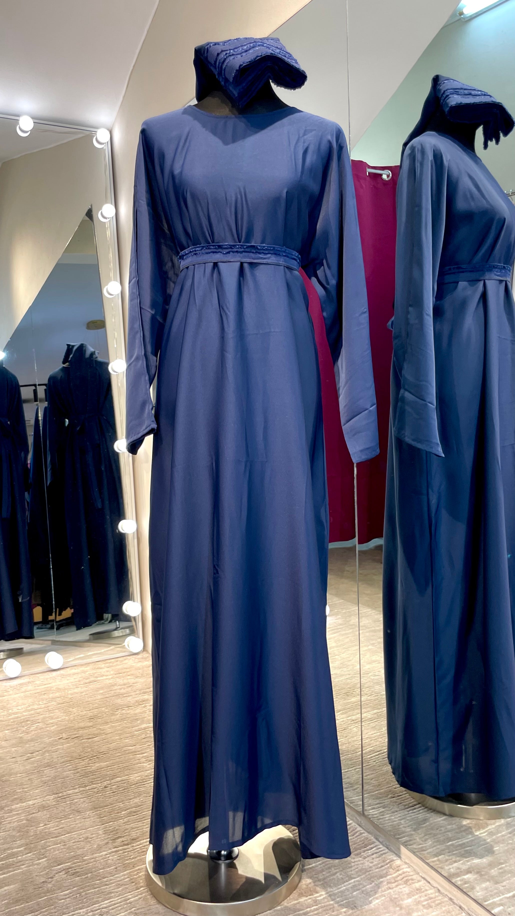 Navy Blue Abaya Robe with Striped Fabric Appliqué and pocket with Nida inner