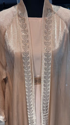 4 Piece Abaya Set with Hijab – Silky Zoom & Organza Umbrella Cut Robe- Beige