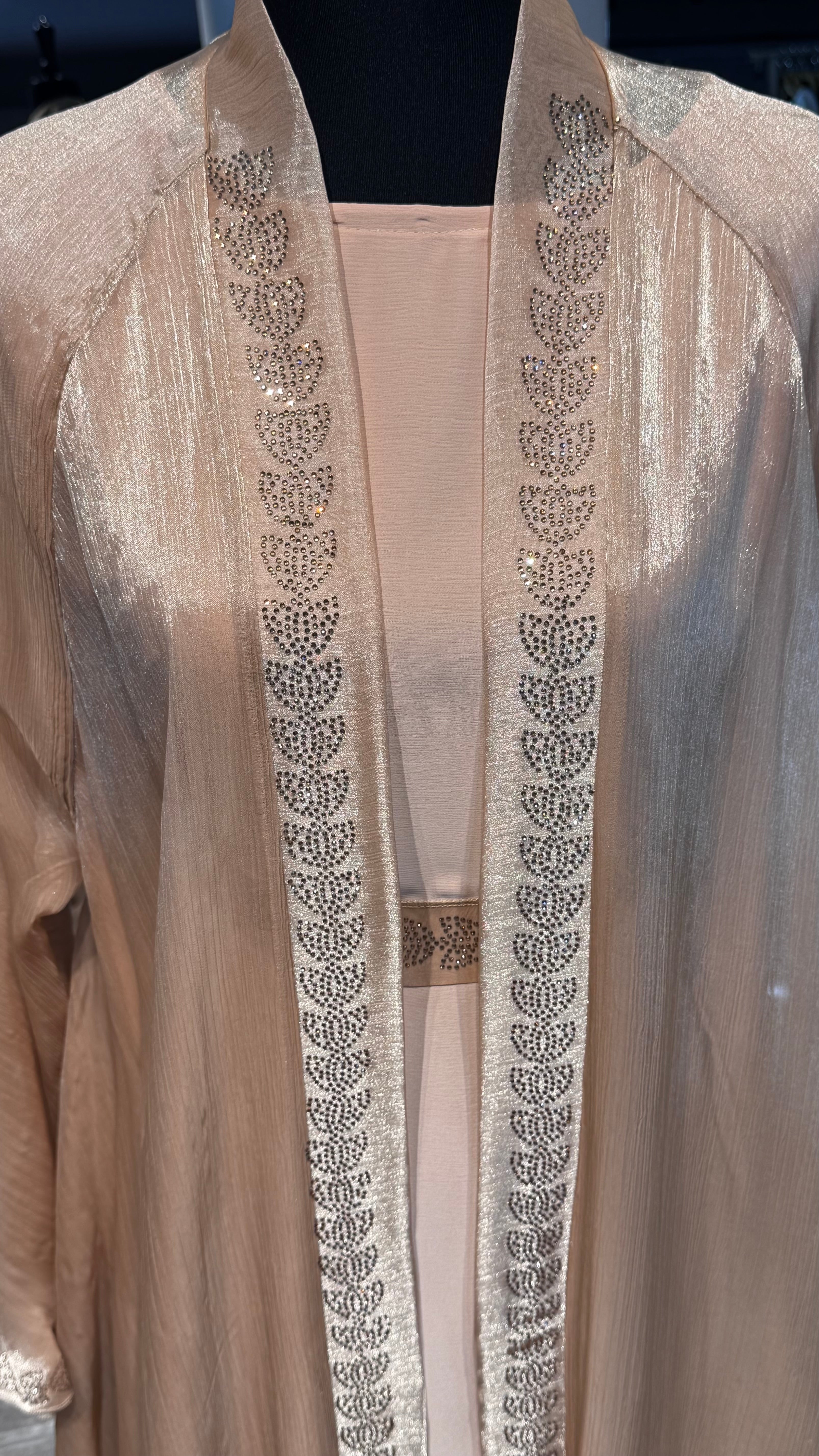 4 Piece Abaya Set with Hijab – Silky Zoom & Organza Umbrella Cut Robe- Beige