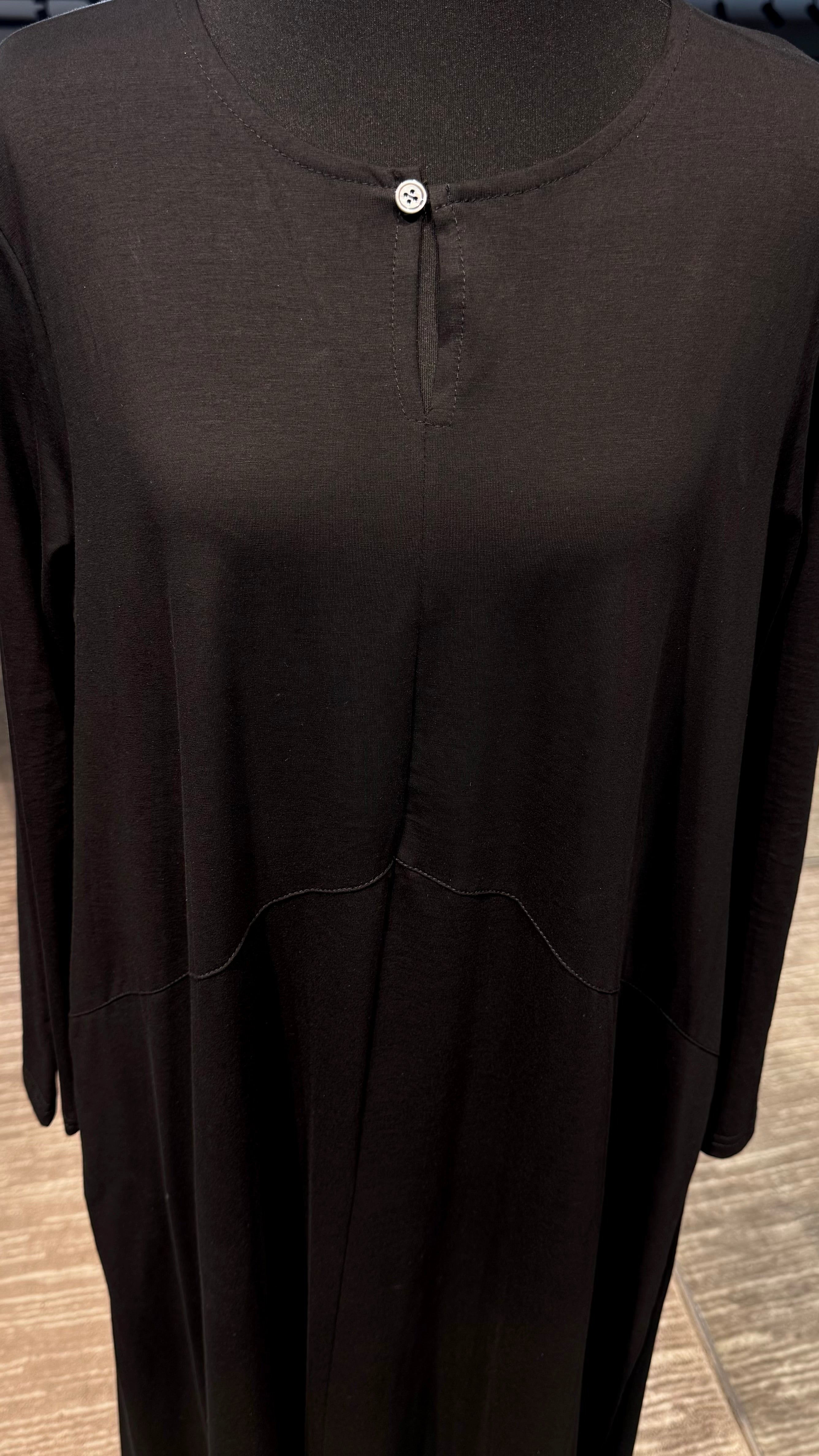 Cotton Dress with Line & Button Design- Black