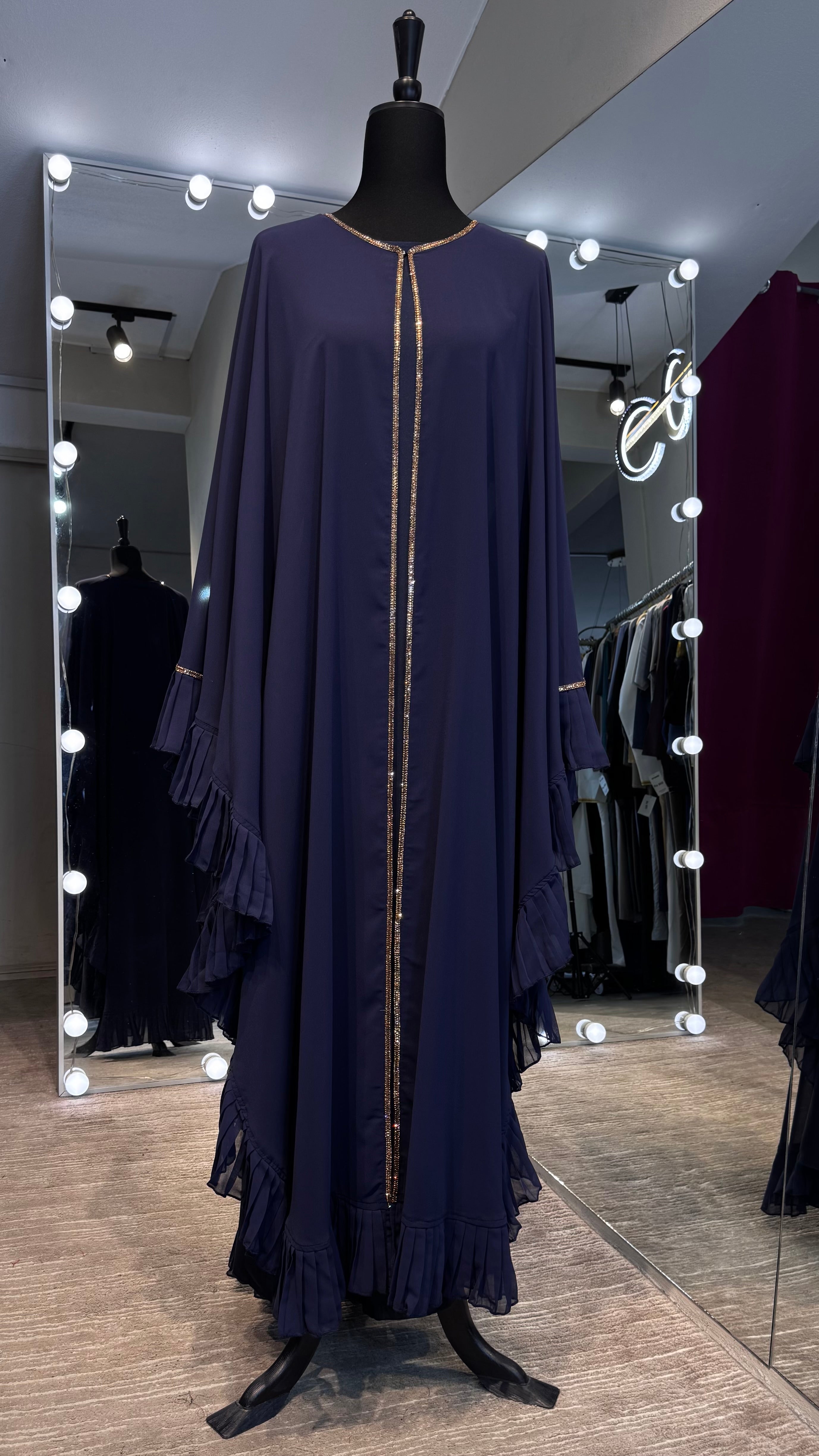 Farasha Pleated Sleeve 3 Pcs Set- Navy Blue