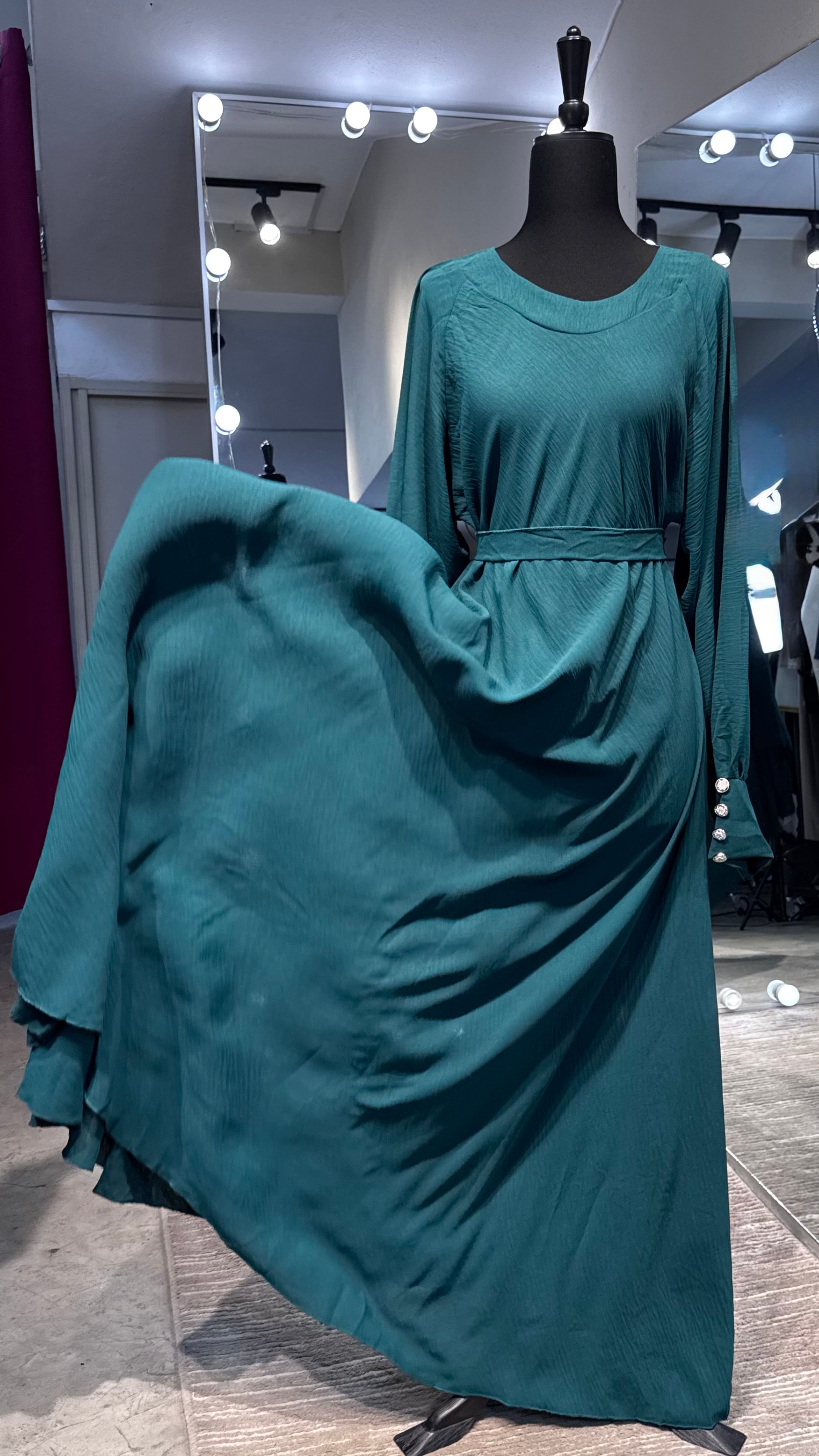 Umbrella Cut Abaya Button Sleeve- Green