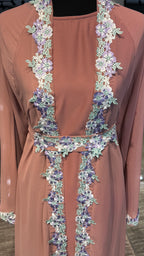 3 Piece Embroidered Abaya Set- Dusty Pink