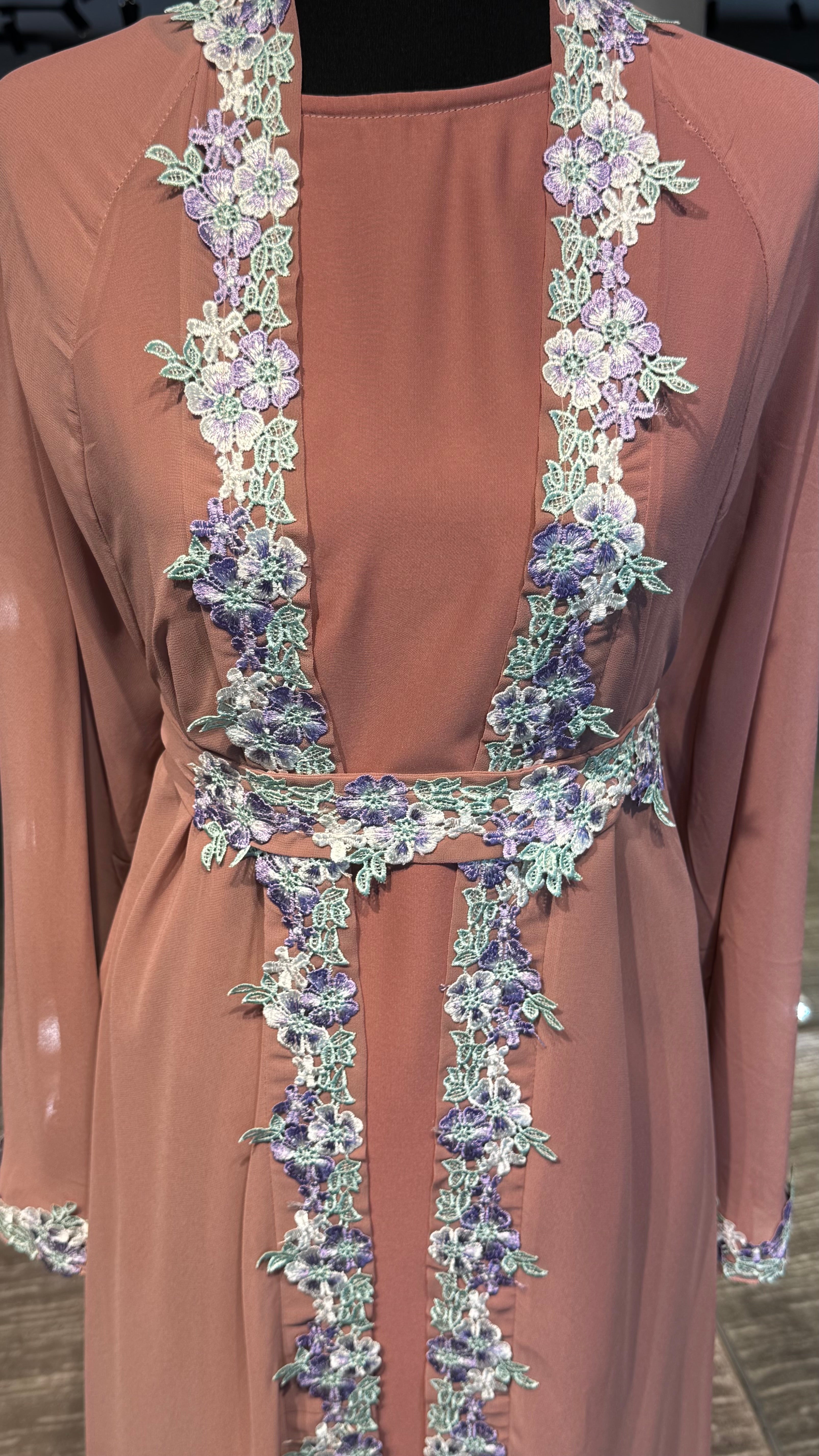 3 Piece Embroidered Abaya Set- Dusty Pink
