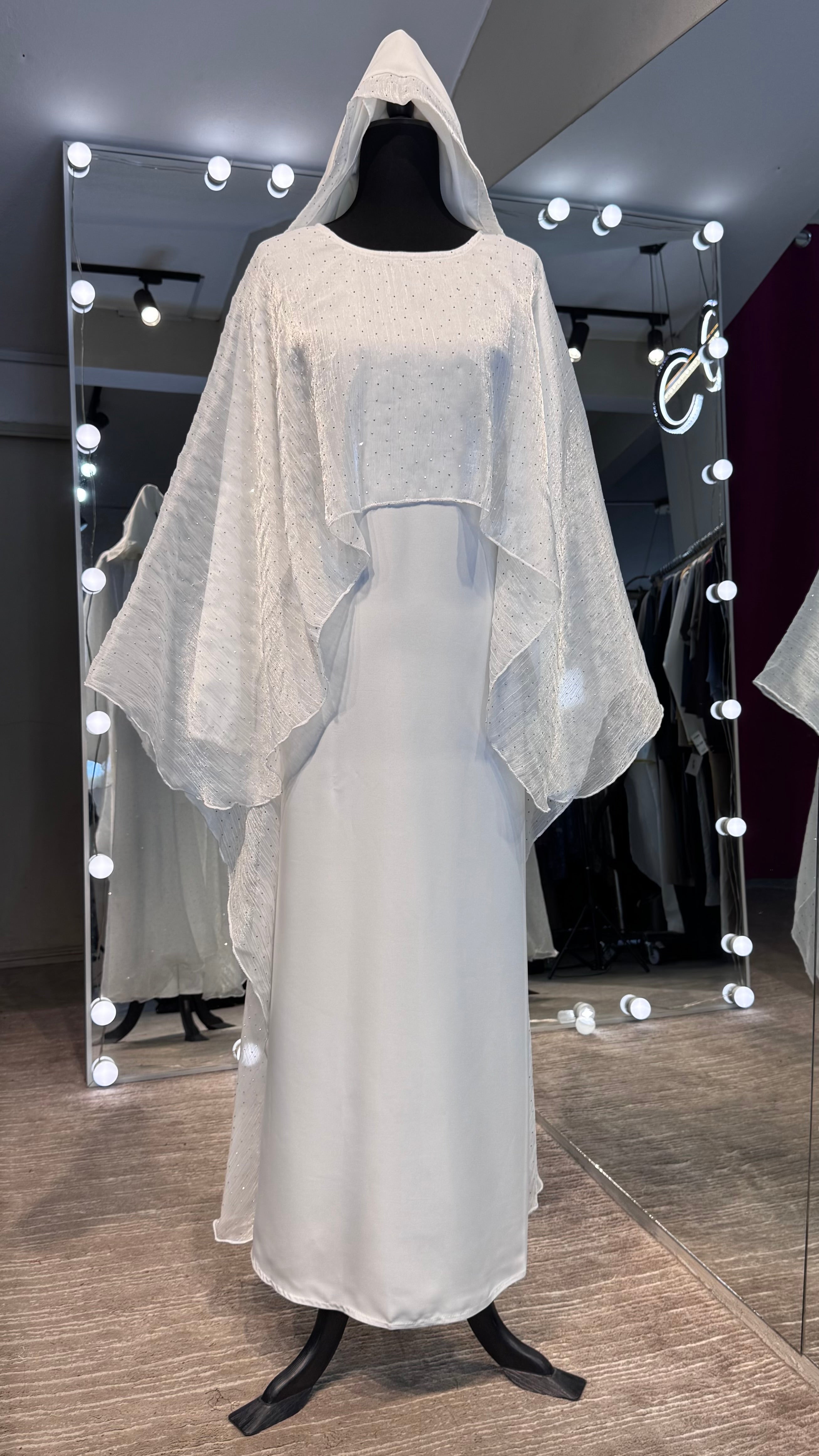 Cape Style Abaya Set with Hijab – Nida & Organza -White