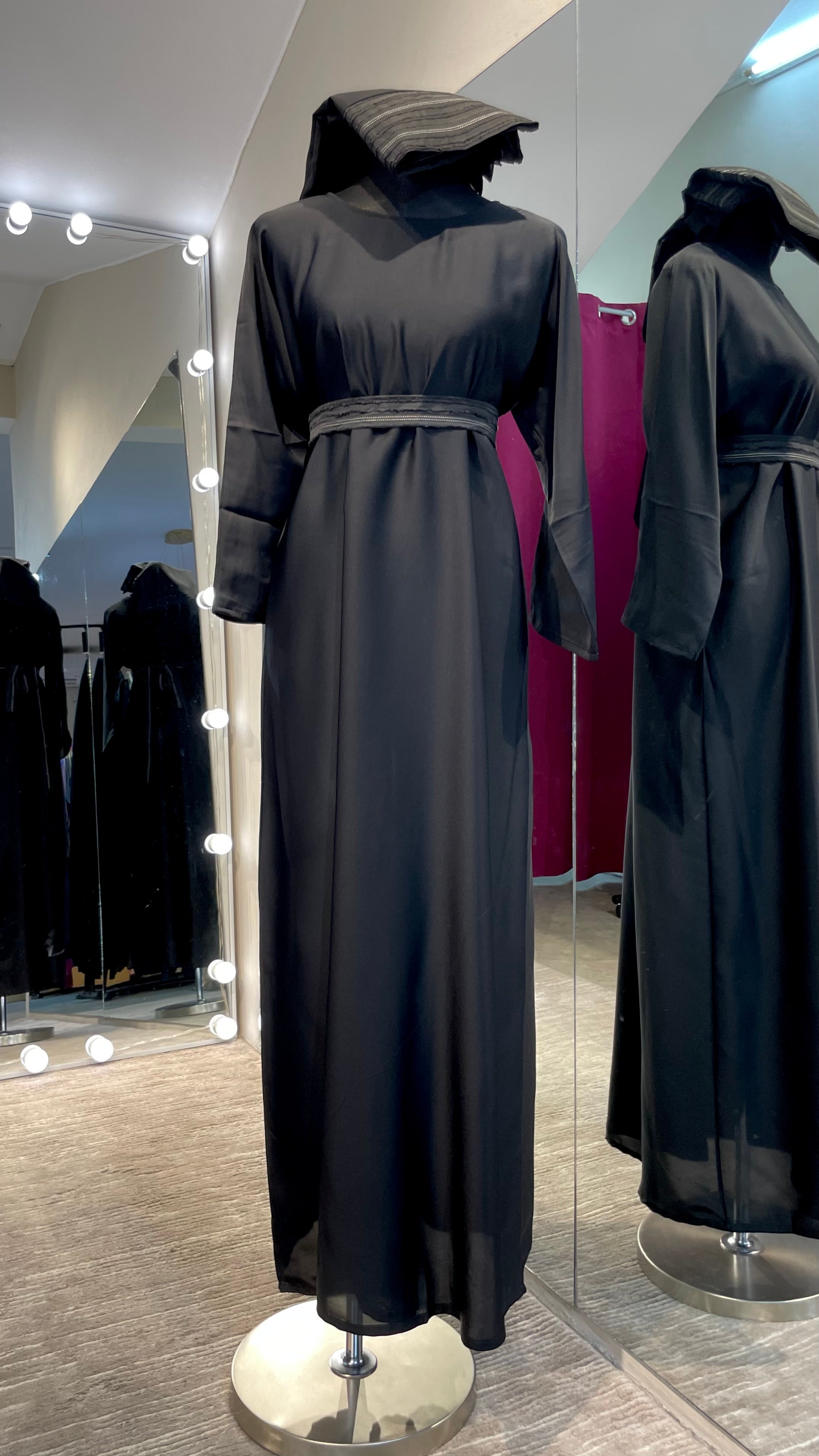 Black Abaya Robe with Striped Fabric Appliqué and pocket with Nida inner