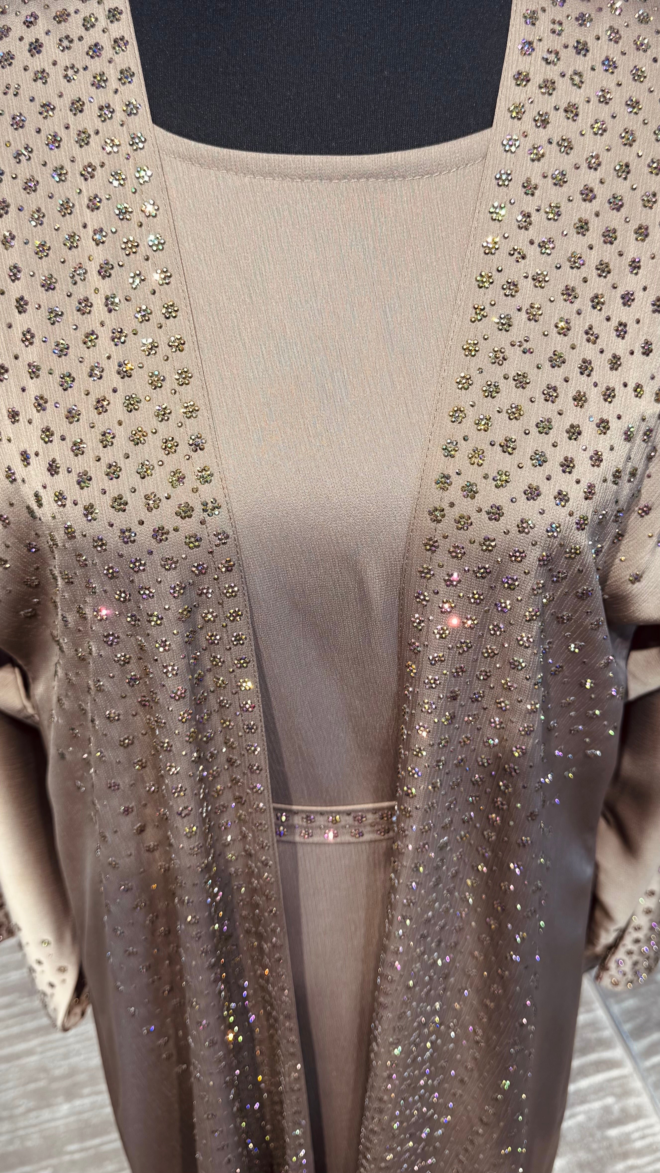 4 Piece Abaya Set with Hijab and Belt – Rainbow Stone Silky Zoom - Taupe
