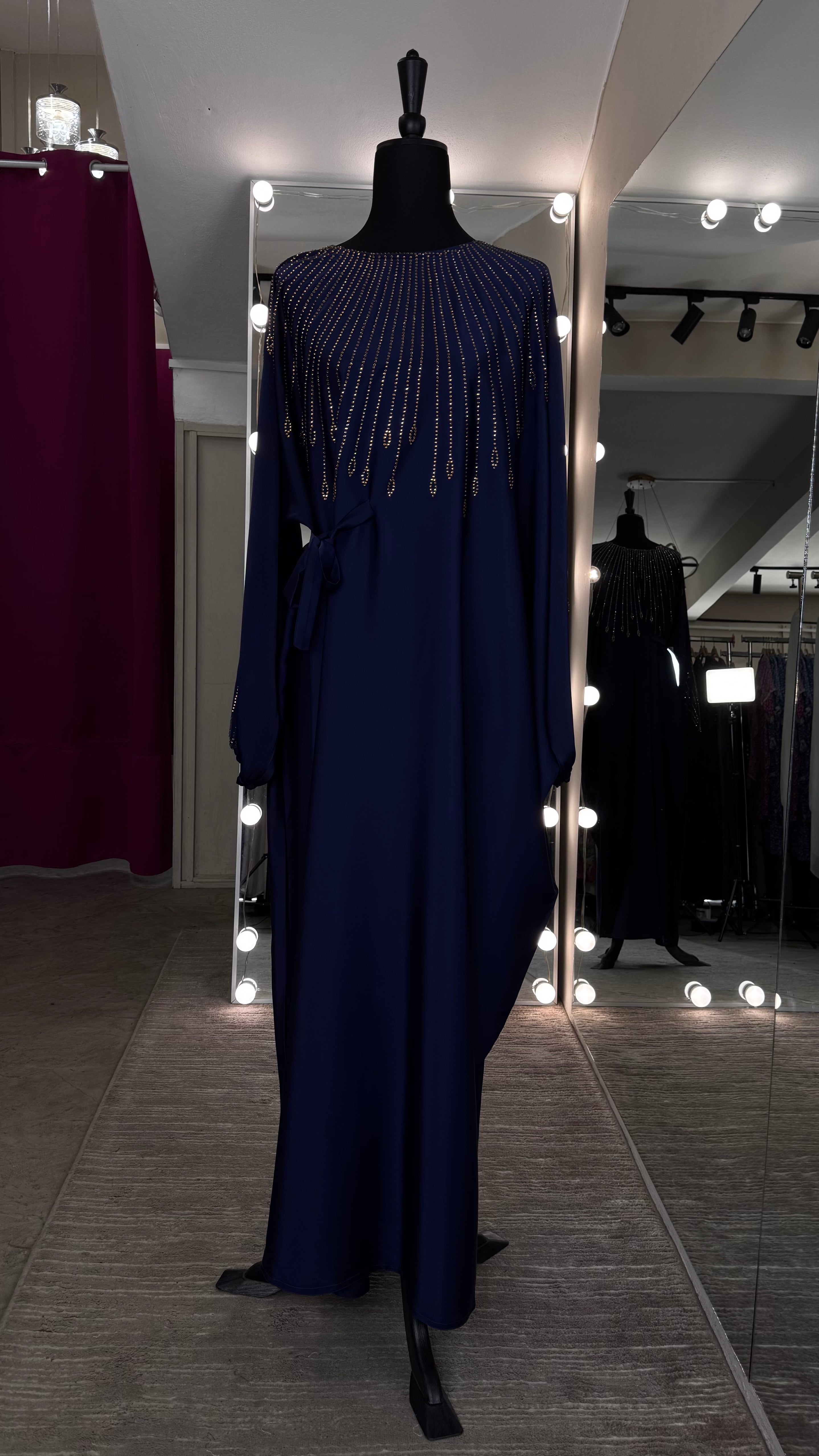 One Side Farasha Abaya Set with Hijab – Navy Blue