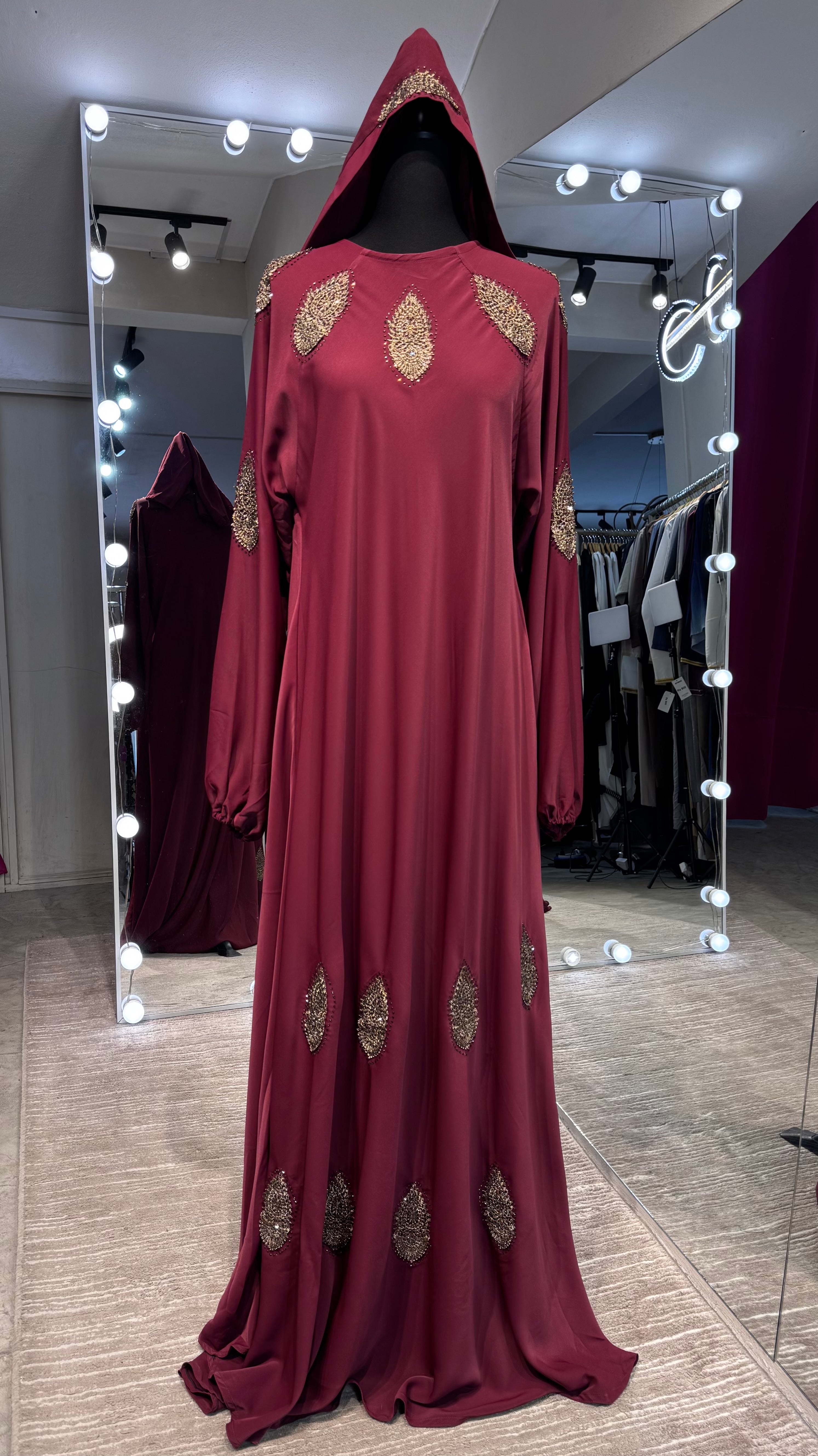 Umbrella Cut Abaya Flower patch- Maroon