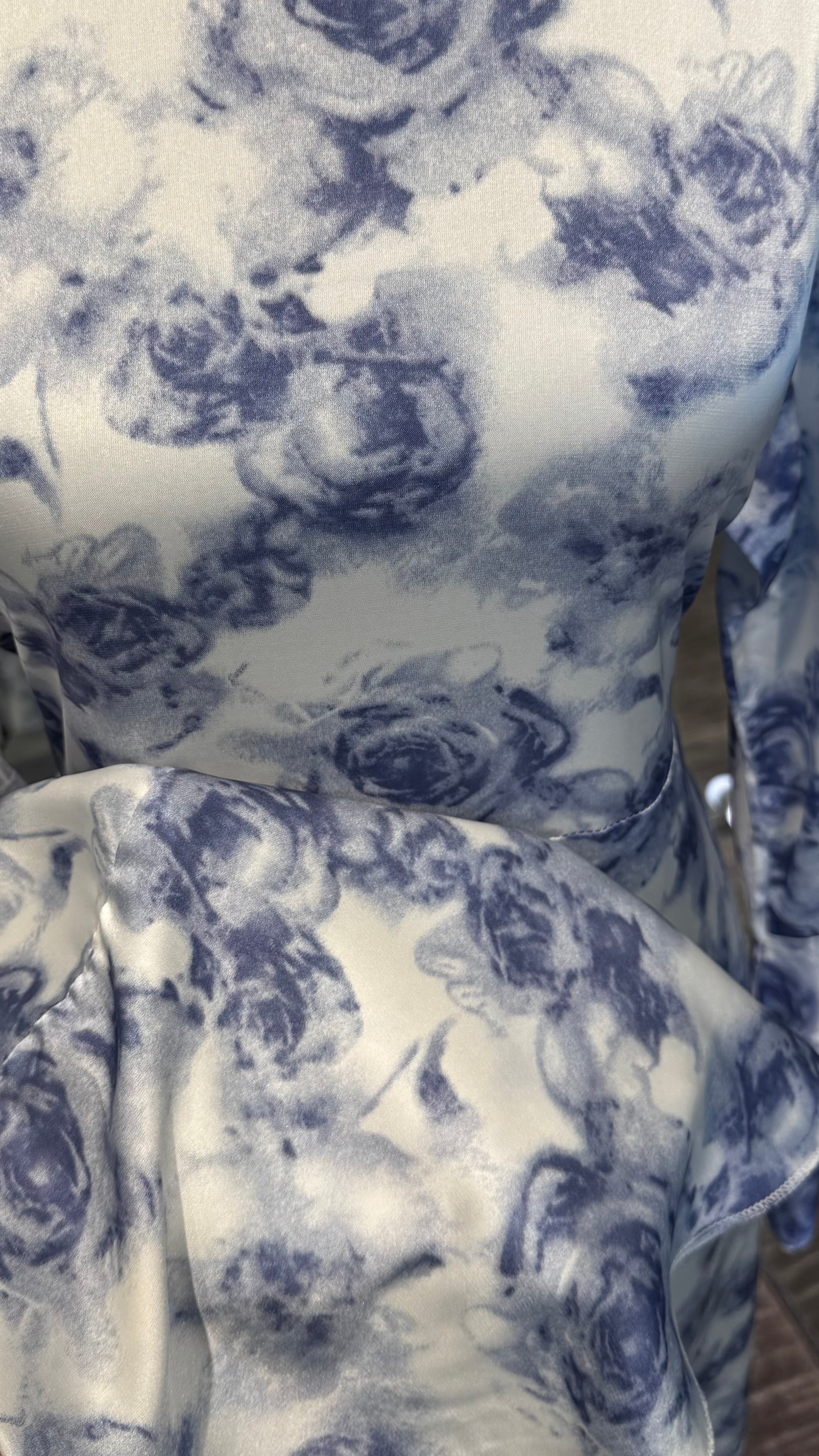 Satin Printed Casual Abaya Dress with Chiffon Hijab – 2 Piece - White & Gray Blue