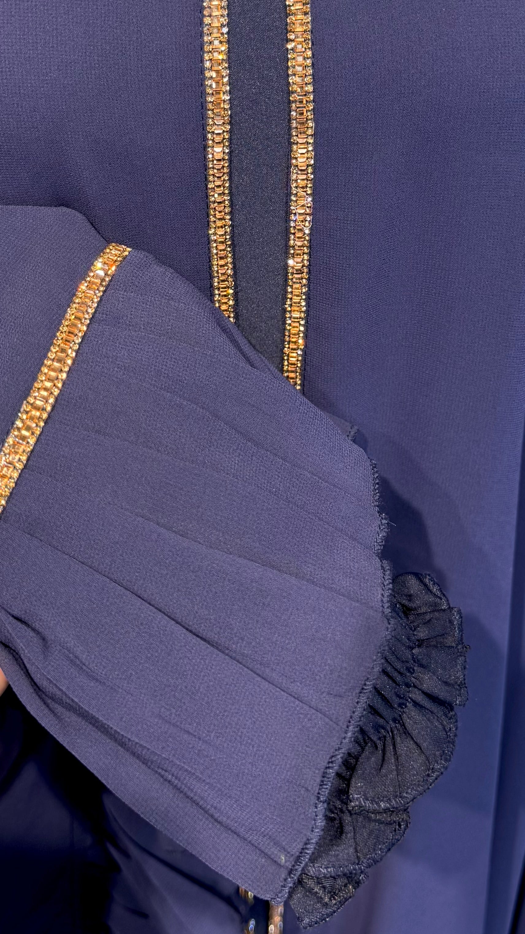 Farasha Pleated Sleeve 3 Pcs Set- Navy Blue