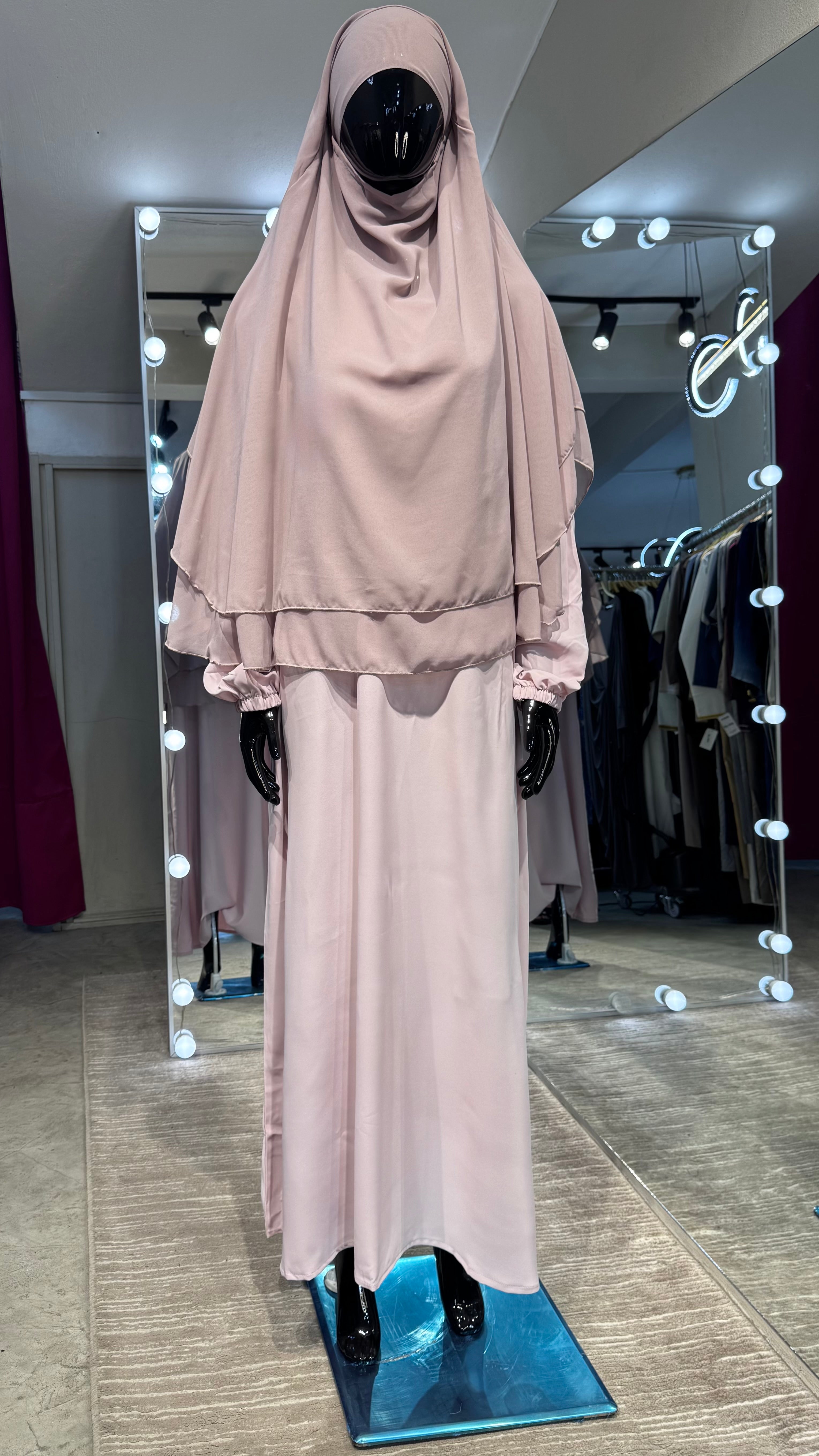 2-layers chiffon khimar Set- Pink