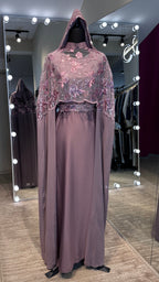 Cape Abaya Set with Hijab –Sequin, Nida & Chiffon - Dusty purple