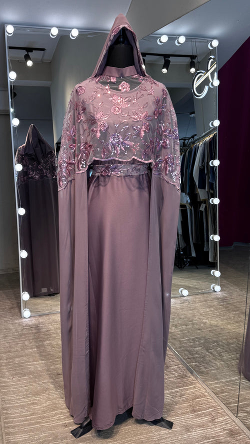 Cape Abaya Set with Hijab –Sequin, Nida & Chiffon - Dusty purple