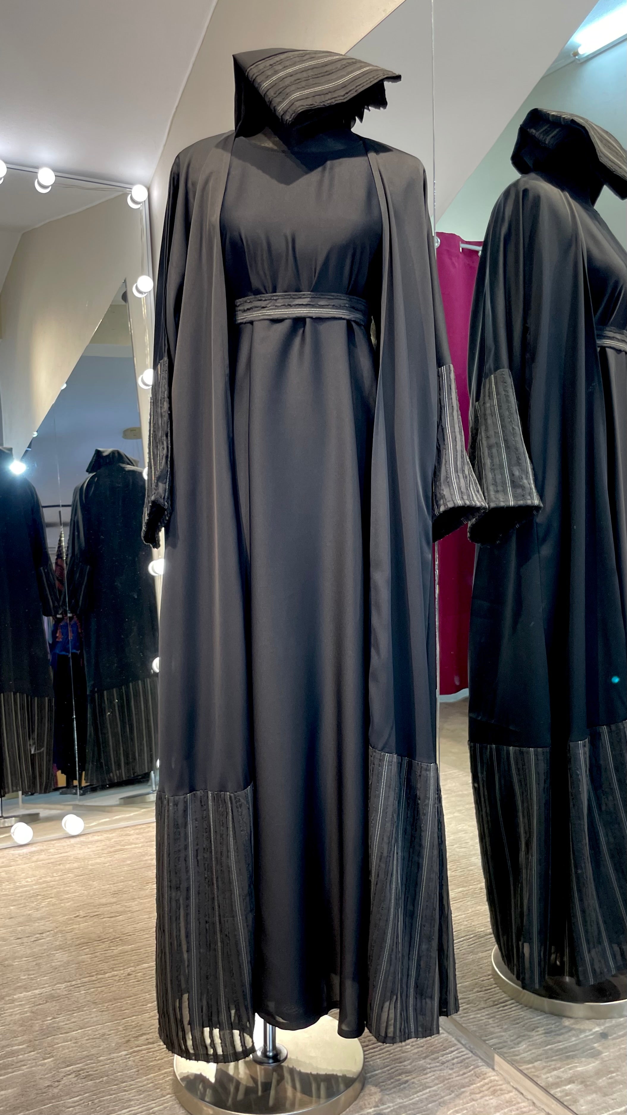 Black Abaya Robe with Striped Fabric Appliqué and pocket with Nida inner