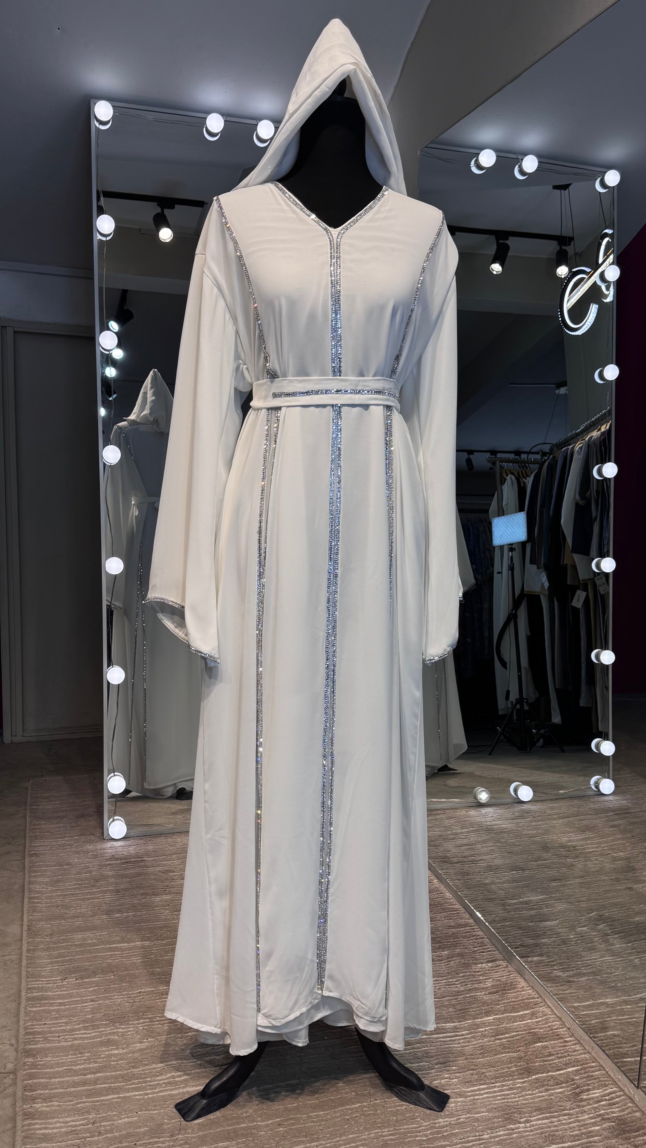 3 Piece Slit Abaya Set- White