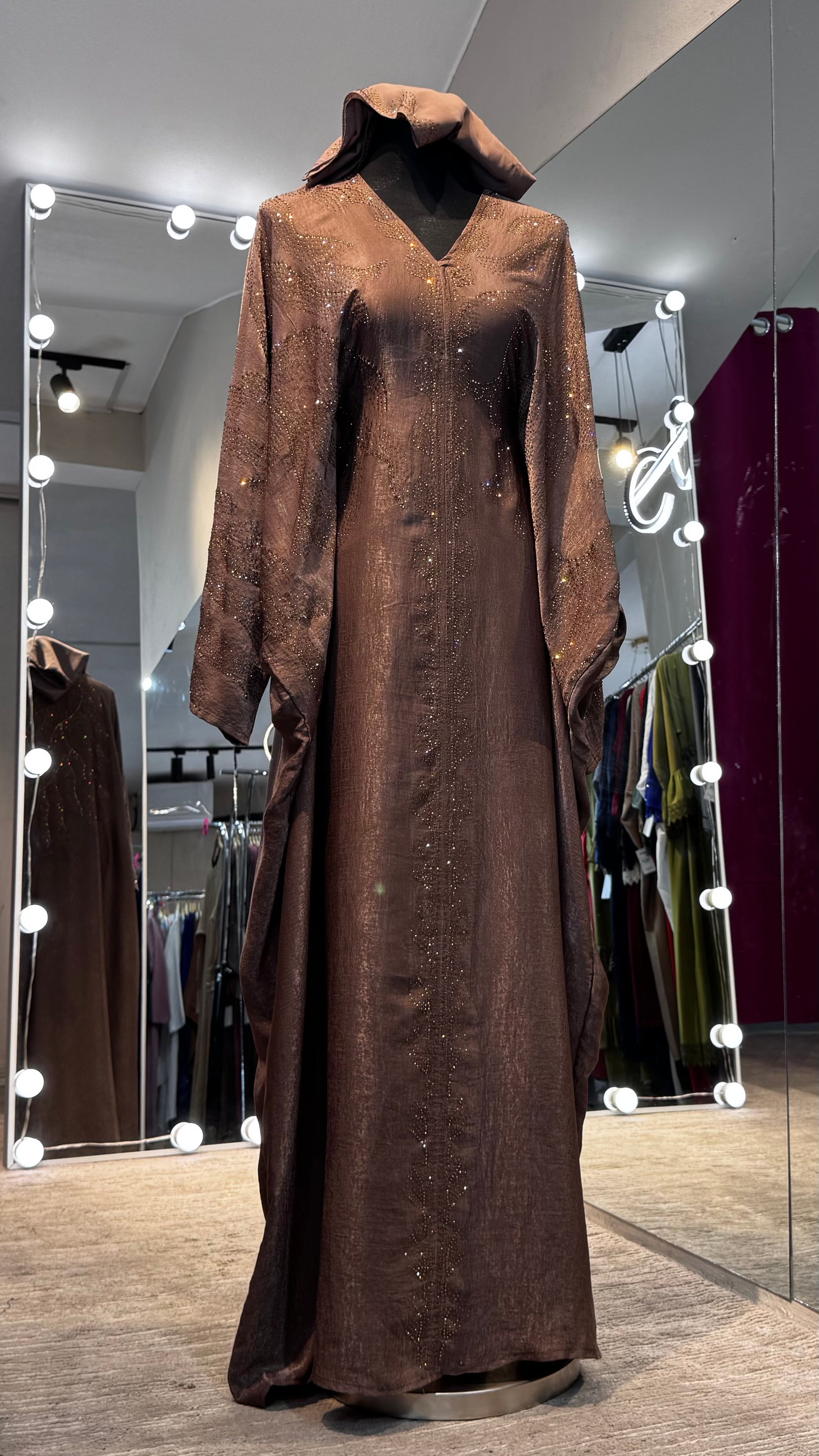 Velvet Farasha with Hijab – 2 Piece- Taupe Brown