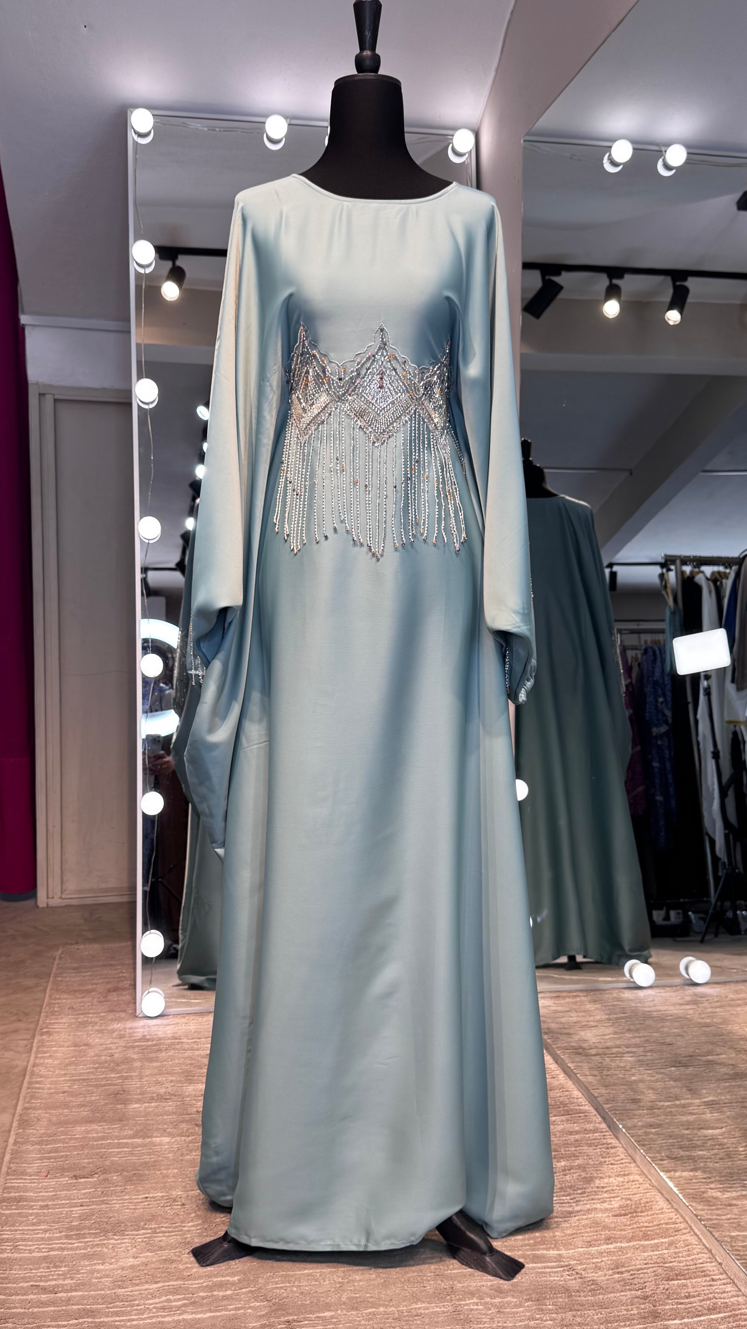 Farasha Abaya Set with Hijab – 2 Piece Beaded Modest Outfit -Mint green