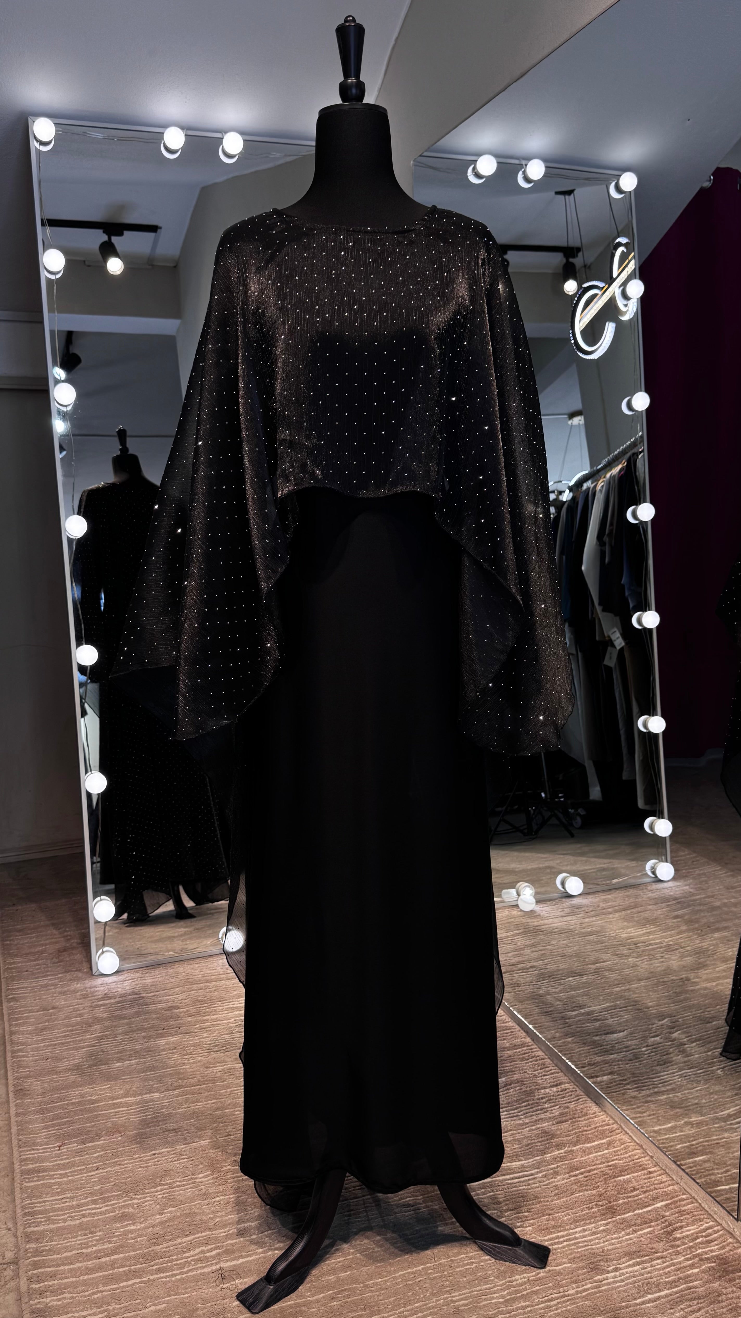 Cape Style Abaya Set with Hijab – Nida & Organza- Black