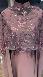 Cape Abaya Set with Hijab –Sequin, Nida & Chiffon - Dusty purple