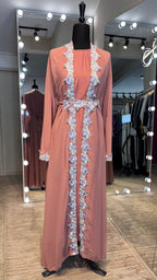3 Piece Embroidered Abaya Set- Dusty Pink