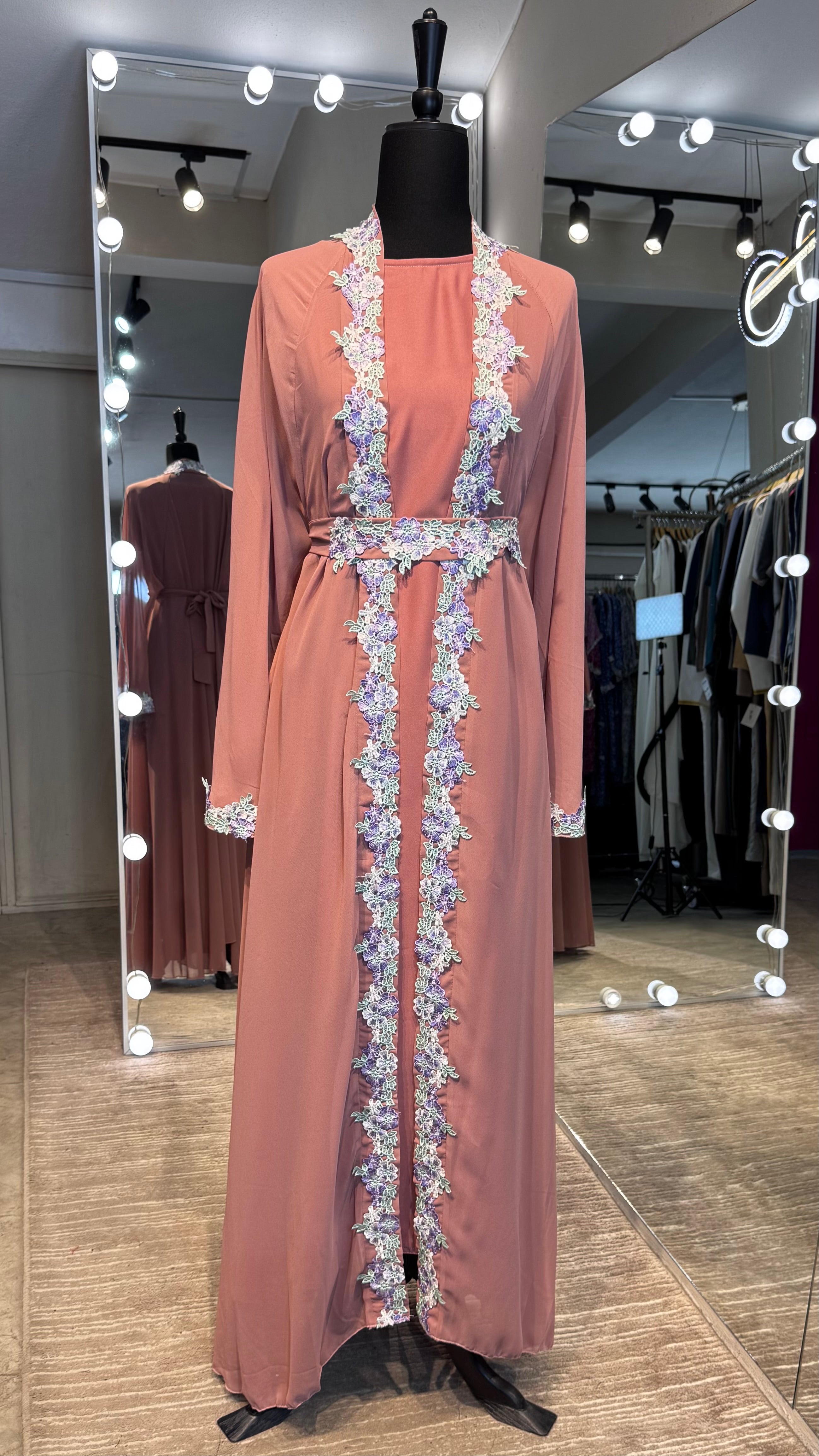 3 Piece Embroidered Abaya Set- Dusty Pink