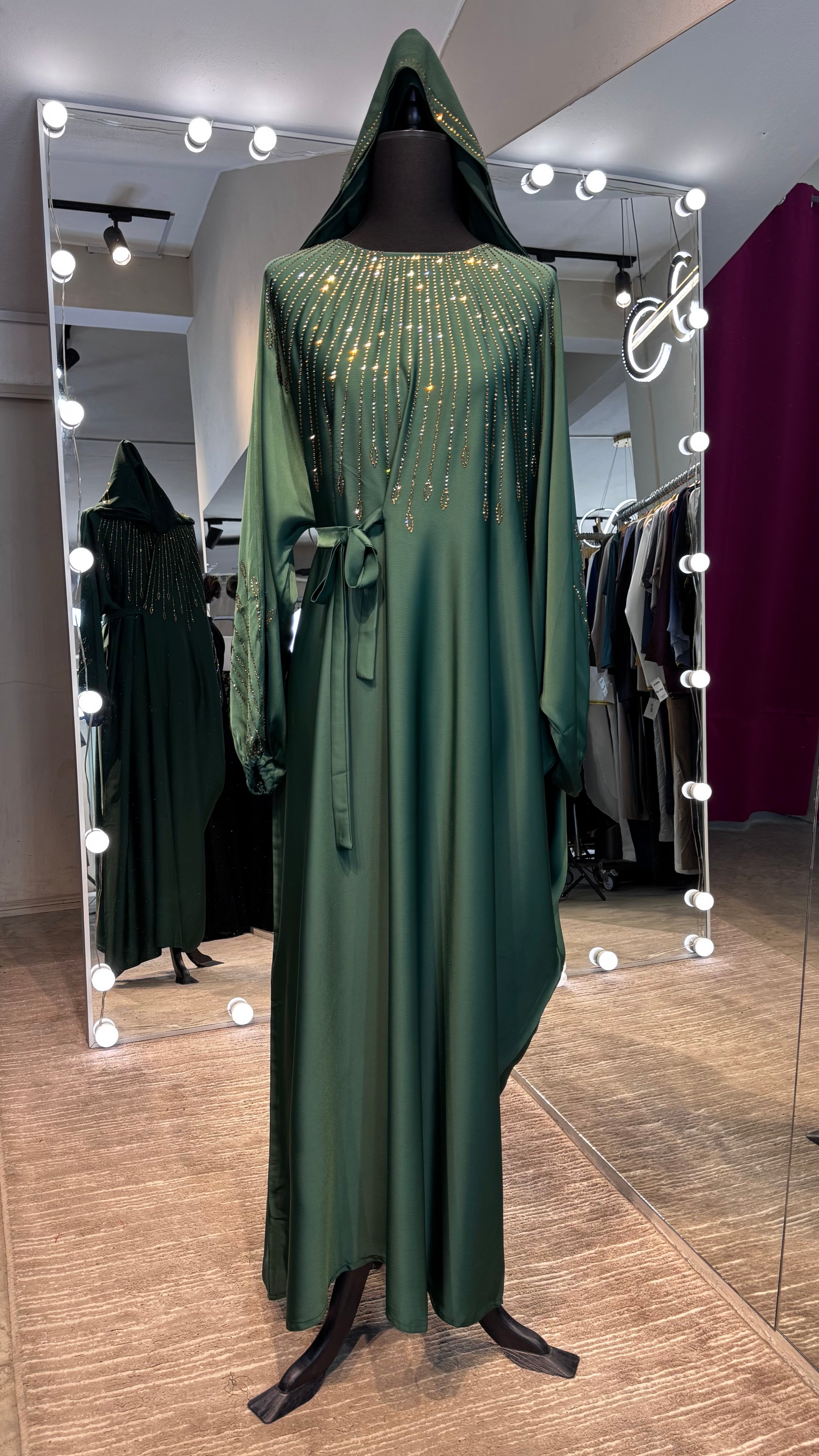 One Side Farasha Abaya Set with Hijab - Green