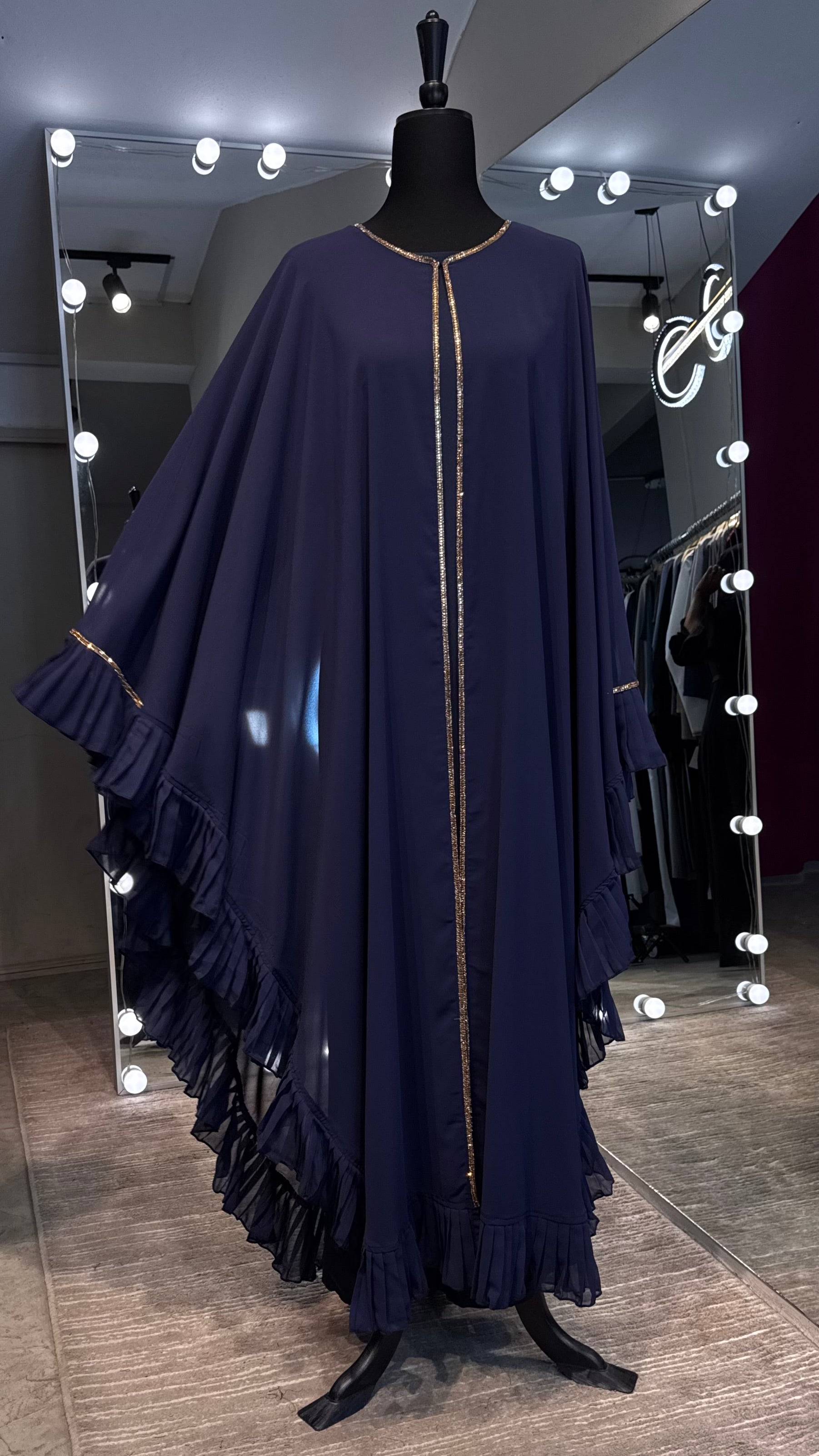 Farasha Pleated Sleeve 3 Pcs Set- Navy Blue
