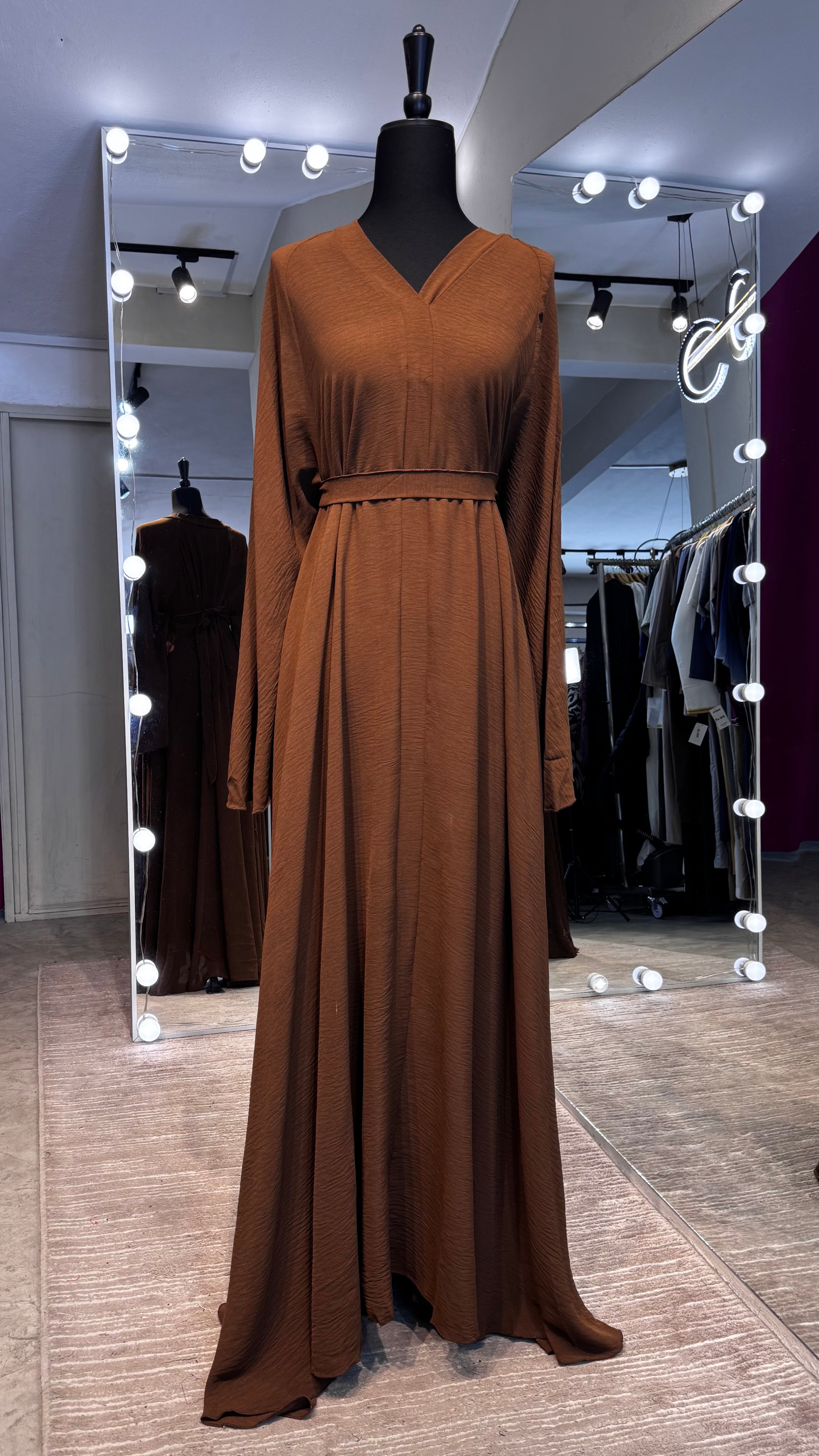 Umbrella Cut Abaya 3 pcs Set- Brown