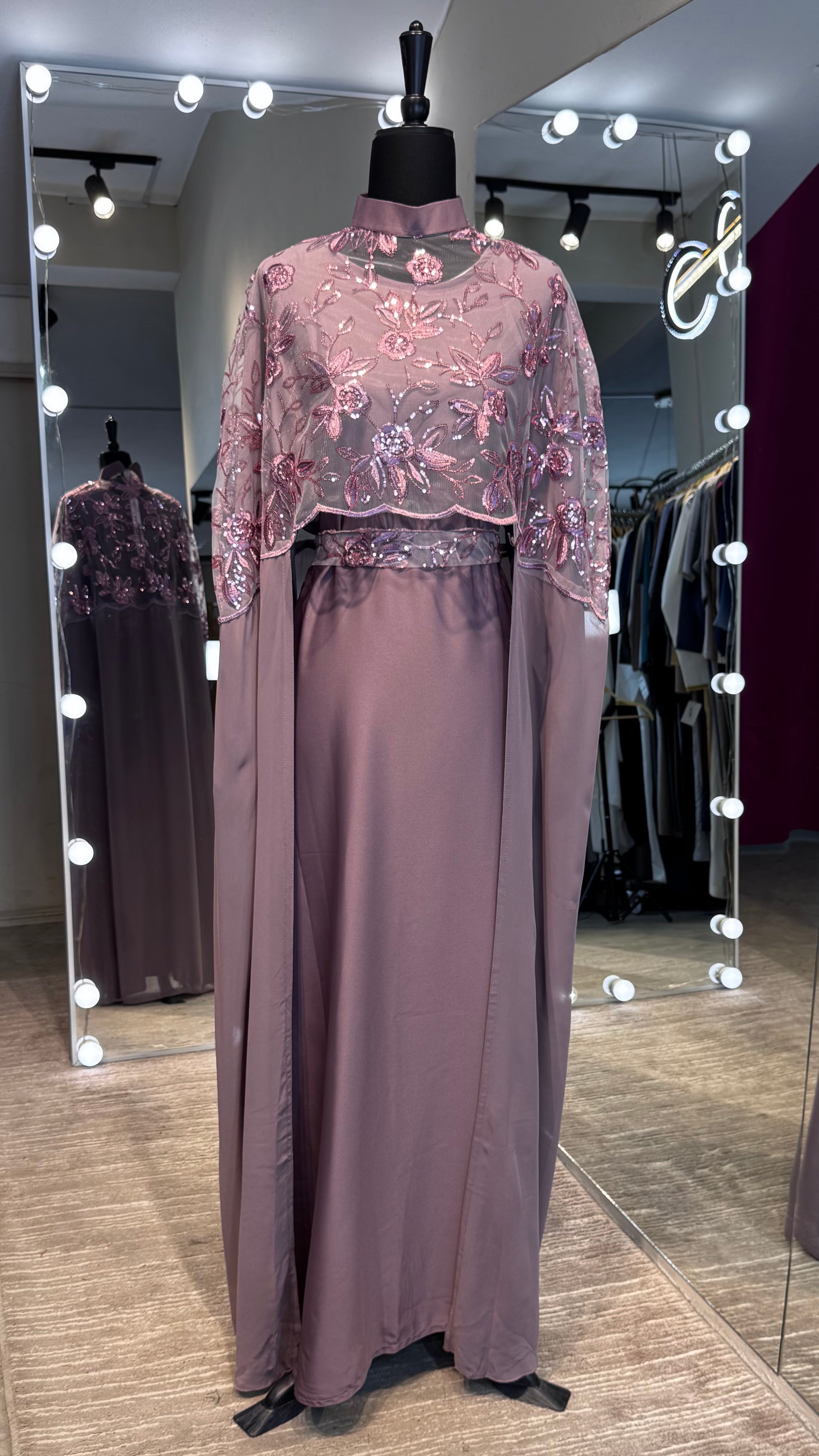 Cape Abaya Set with Hijab –Sequin, Nida & Chiffon - Dusty purple