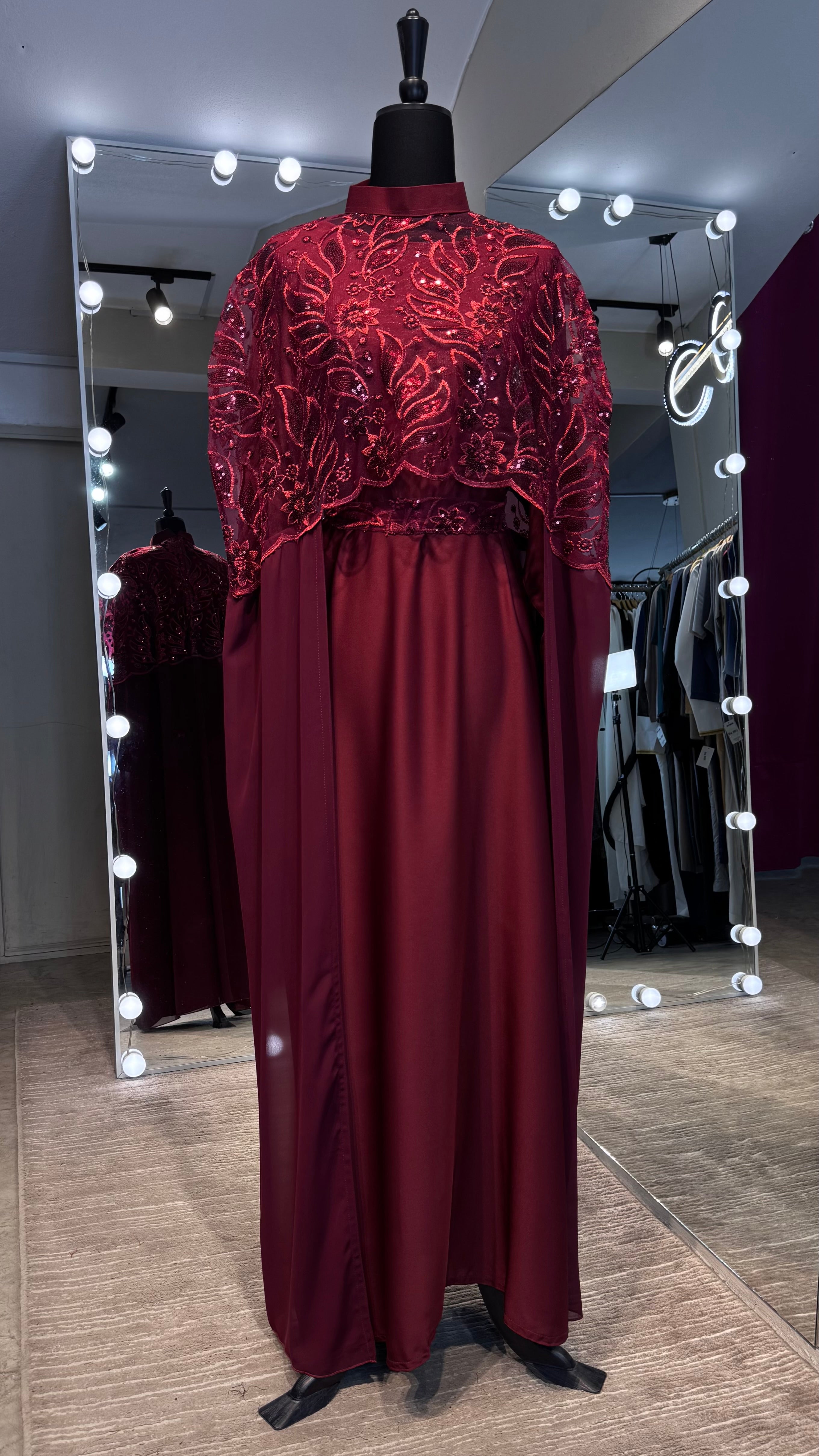 Cape Abaya Set with Hijab –Sequin, Nida & Chiffon - Maroon
