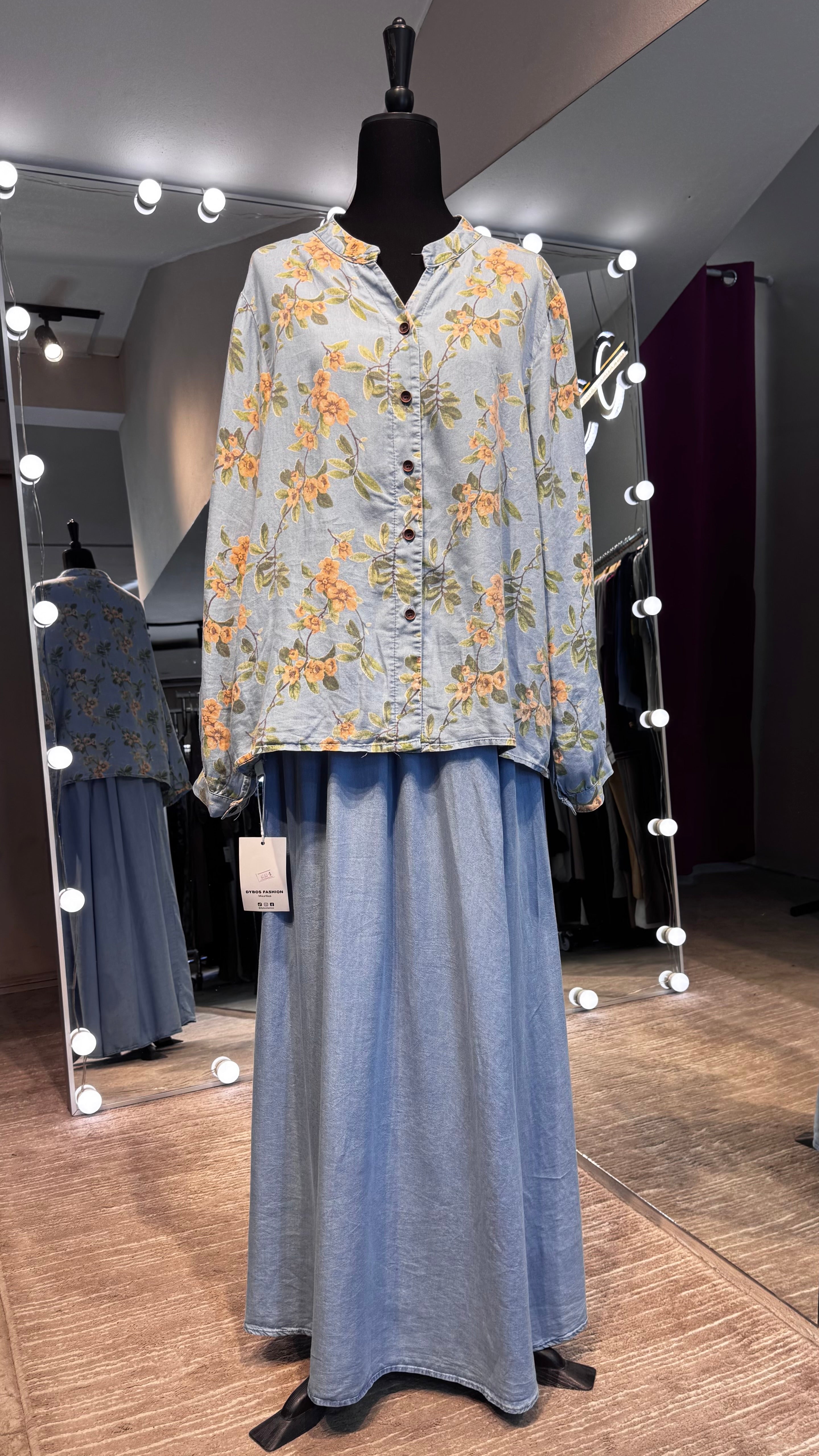 Denim 2-Piece Set –  Skirt & Floral Blouse