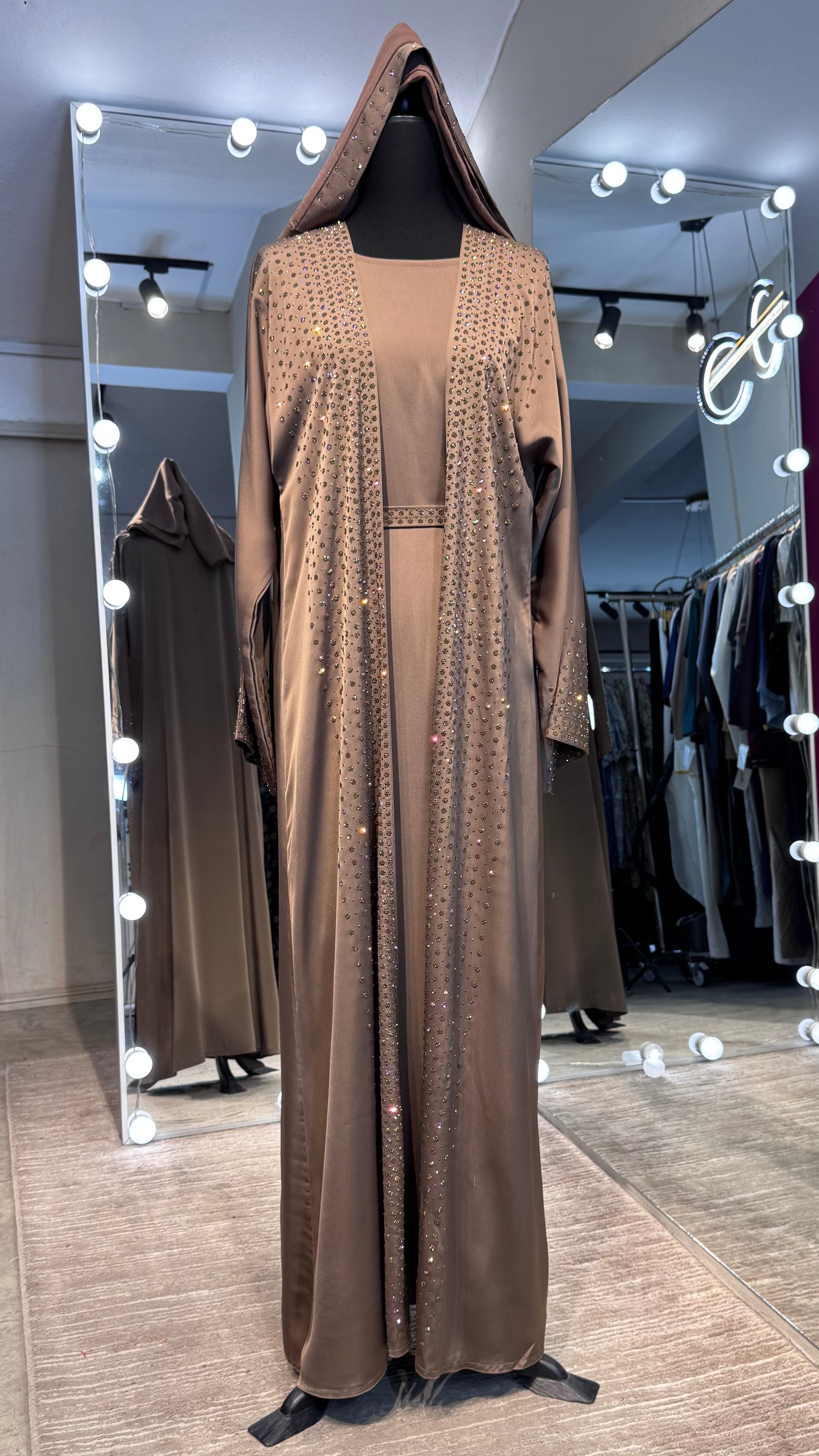 4 Piece Abaya Set with Hijab and Belt – Rainbow Stone Silky Zoom - Taupe